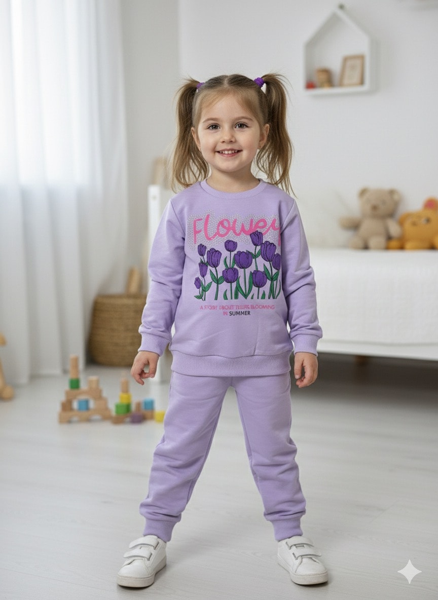 Kız Çocuk Mor Çiçekli Alt-Üst Takım
