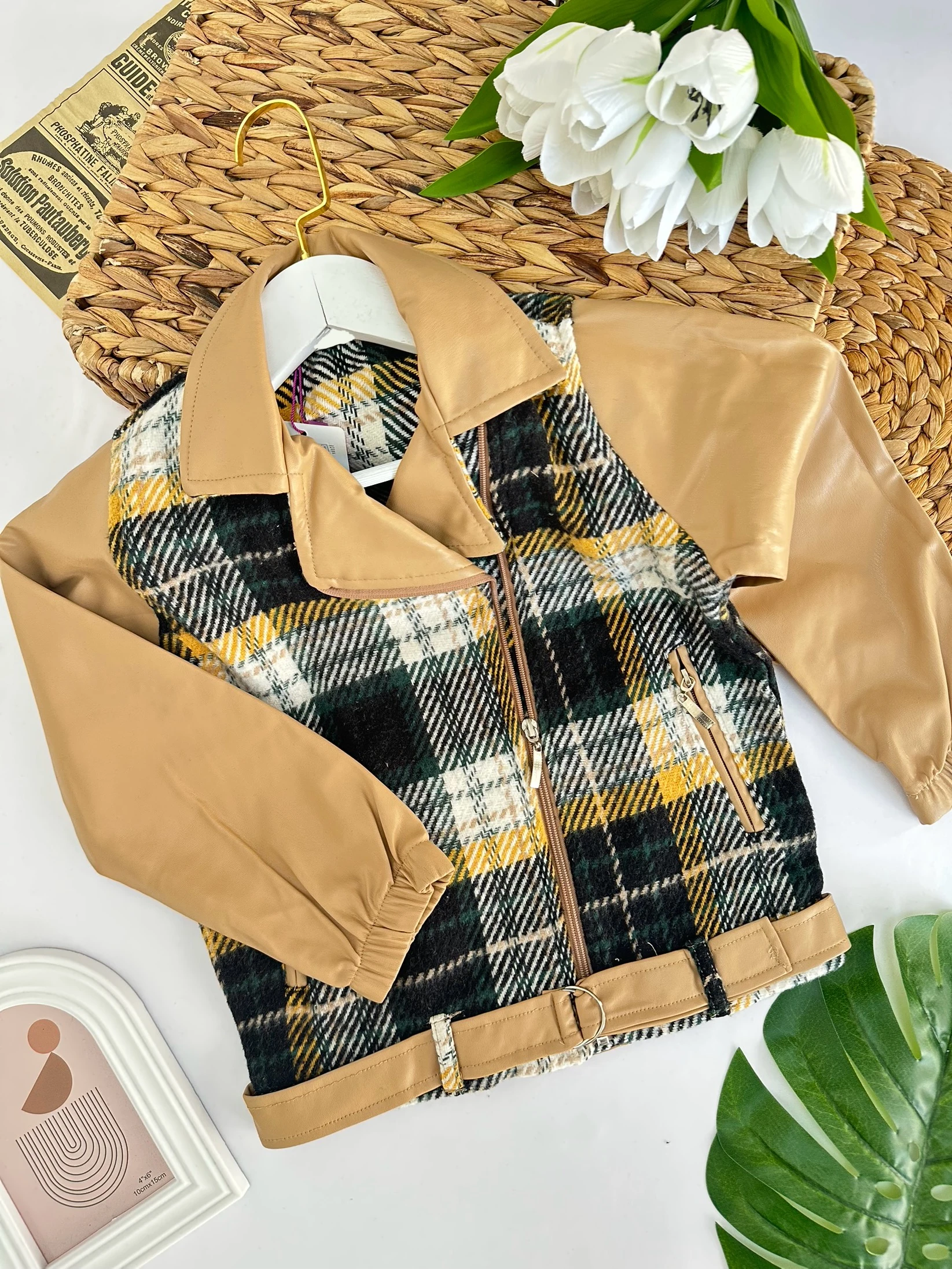 Kız Çocuk Deri Detaylı Ekose Desenli Oduncu Gömlek