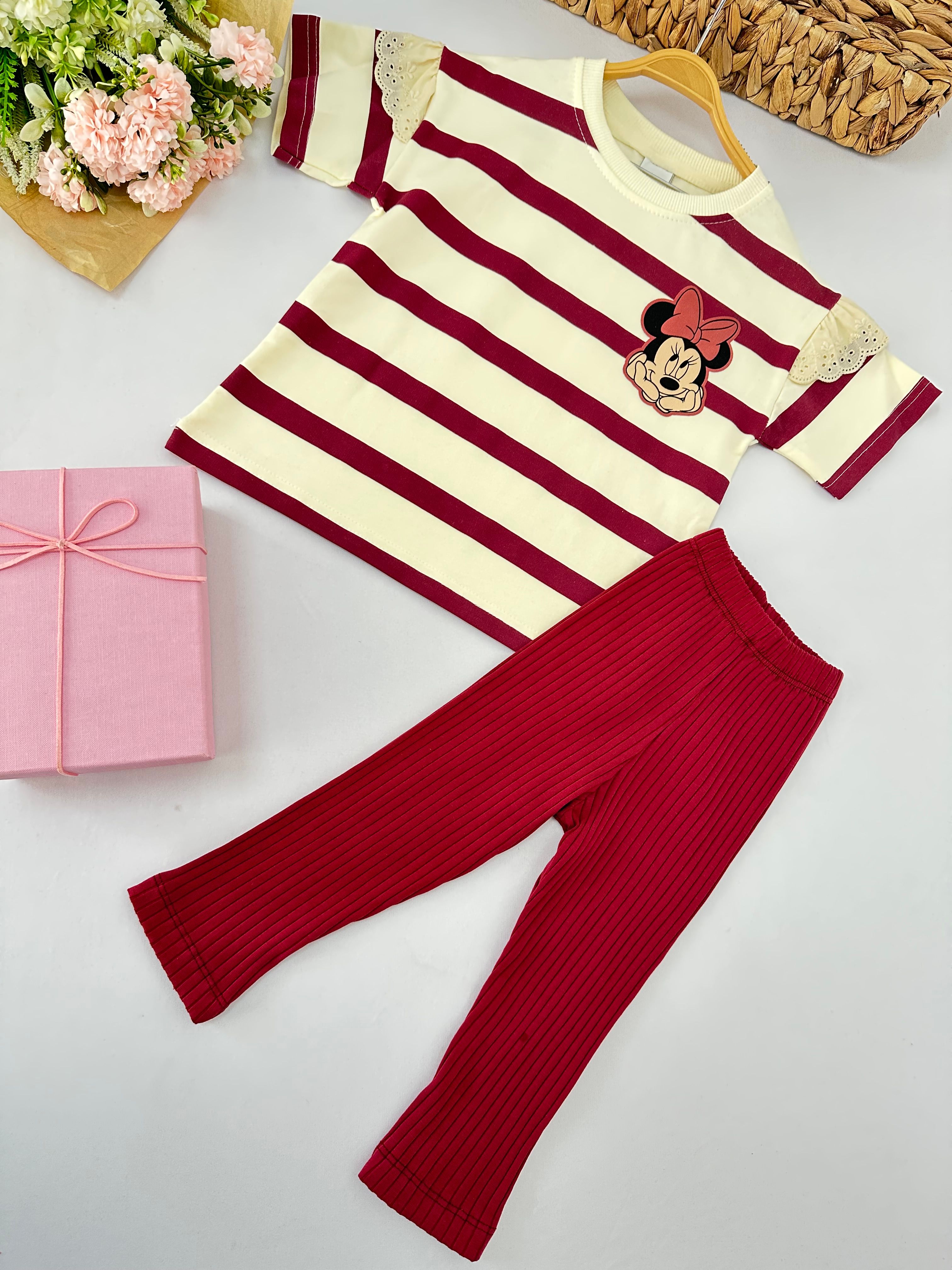 Kız Çocuk Bordo Çizgili Minnie Taytlı Takım