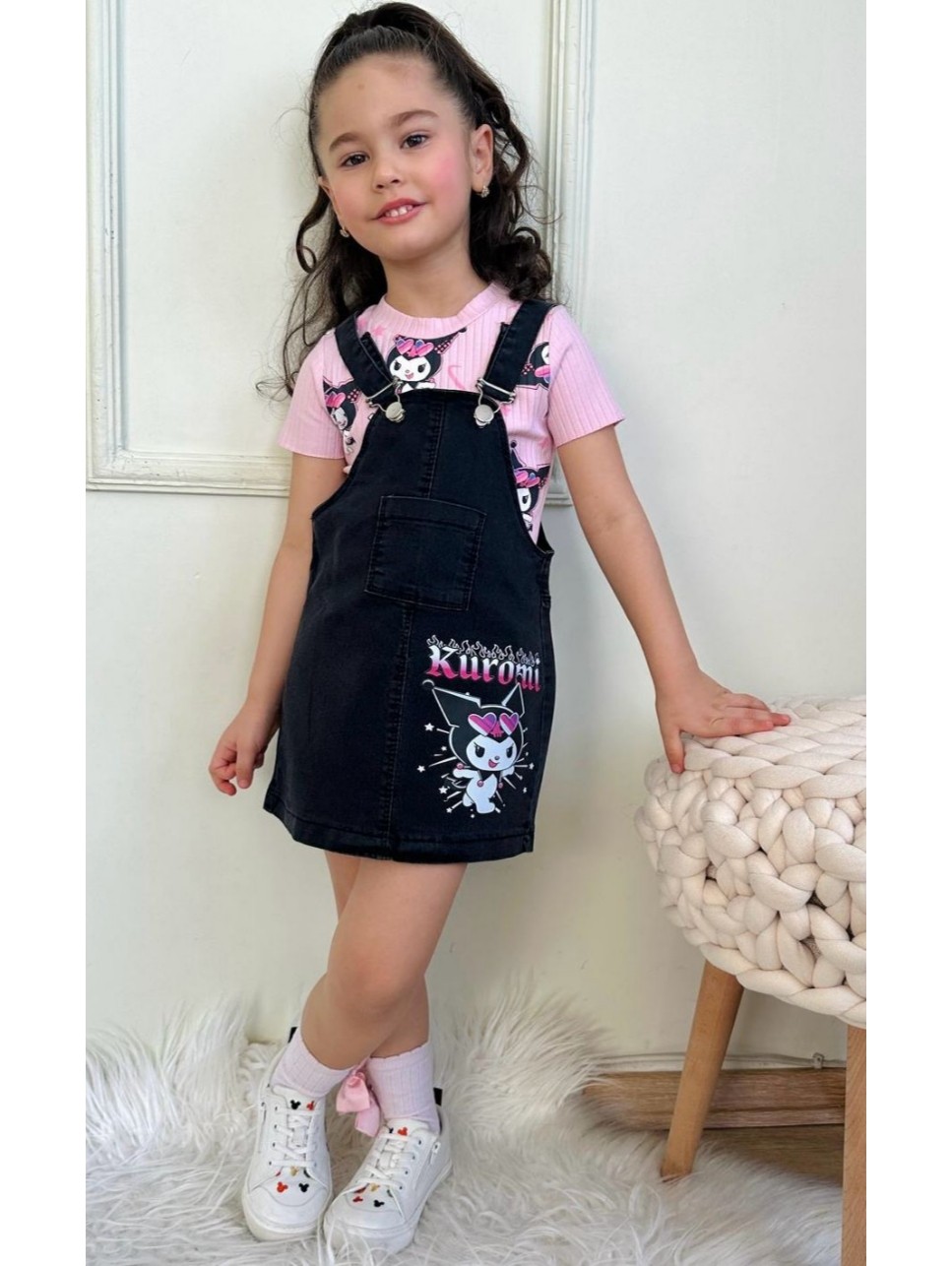 Kız Çocuk Pembe Kuromi Kot Salopet Elbise
