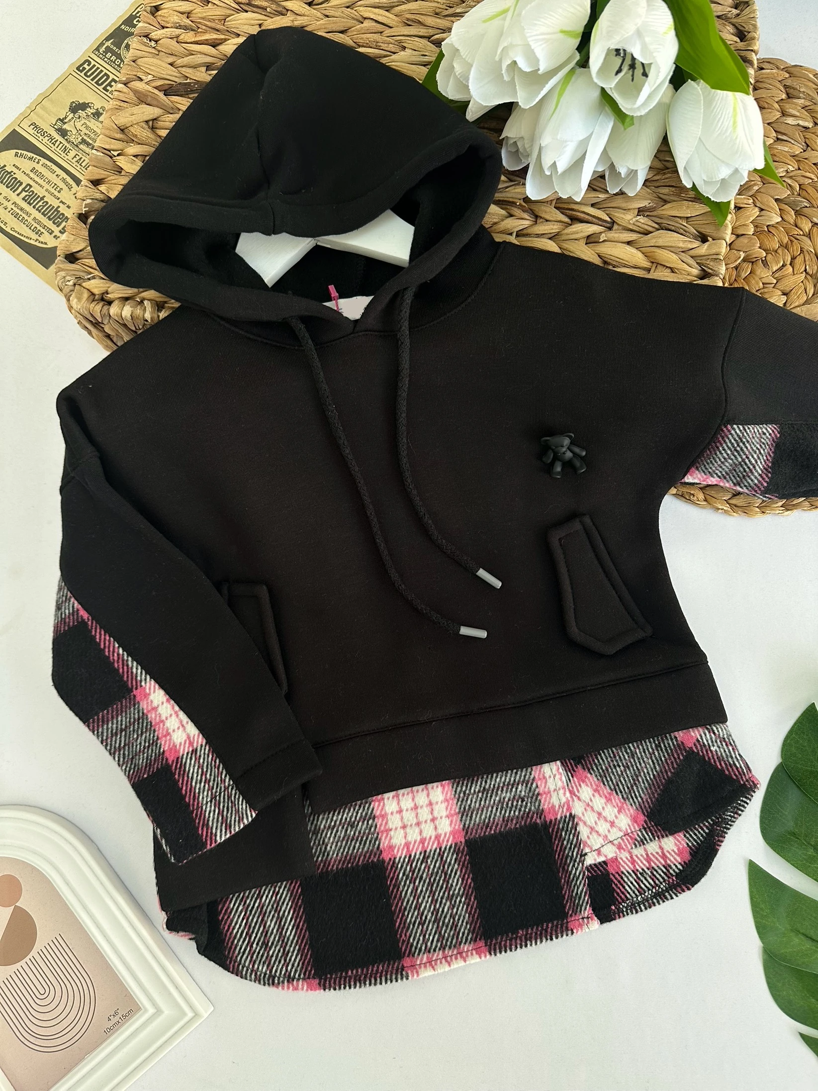 Kız Çocuk Siyah Ayıcıklı Kapüşonlu Gömlek Detaylı Sweat