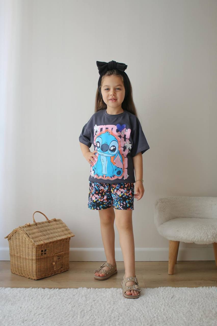 Kız Çocuk Füme Stitch Şortlu Takım