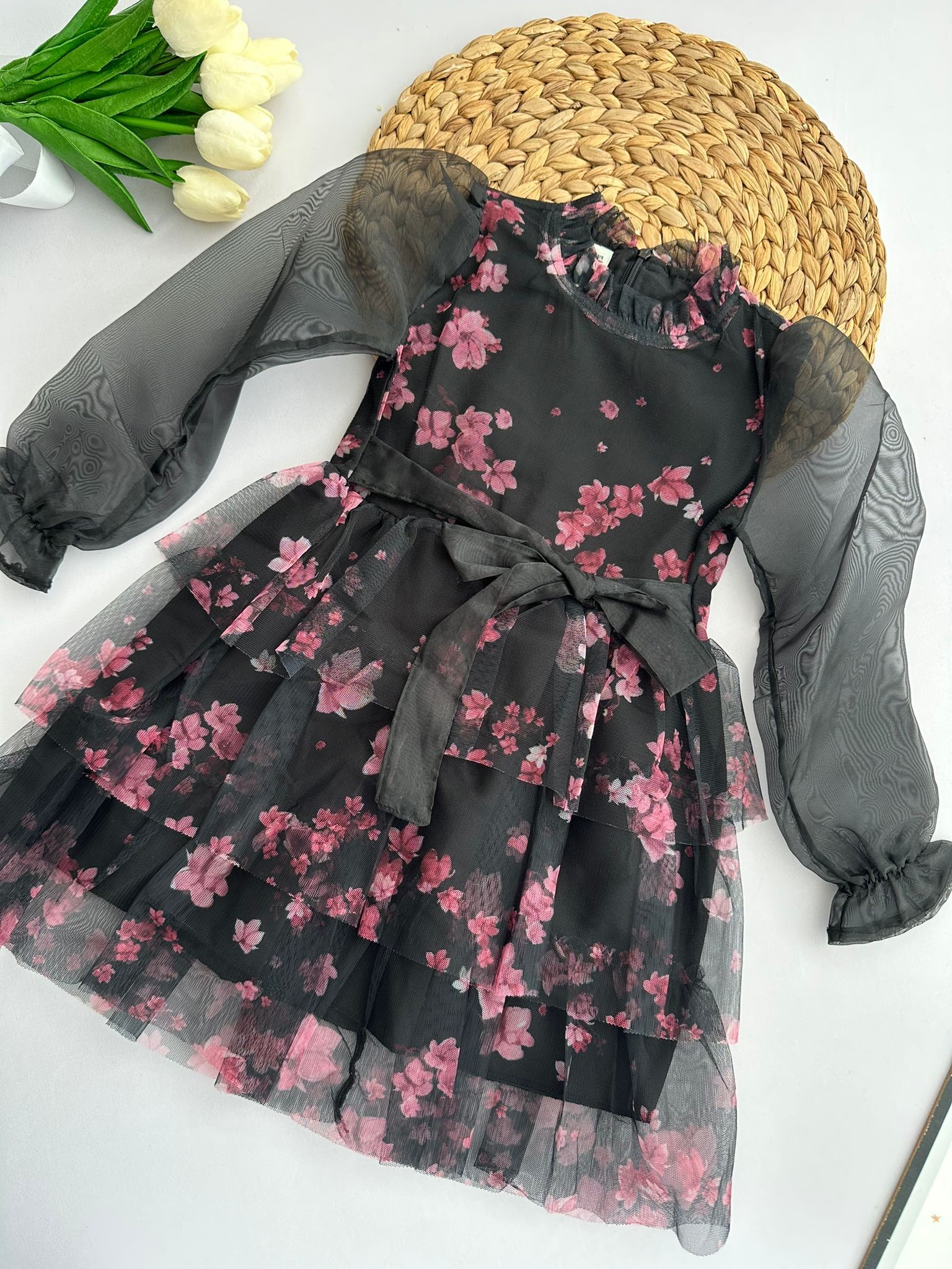 Kız Çocuk Pembe Çiçek  Desenli Tüllü Elbise