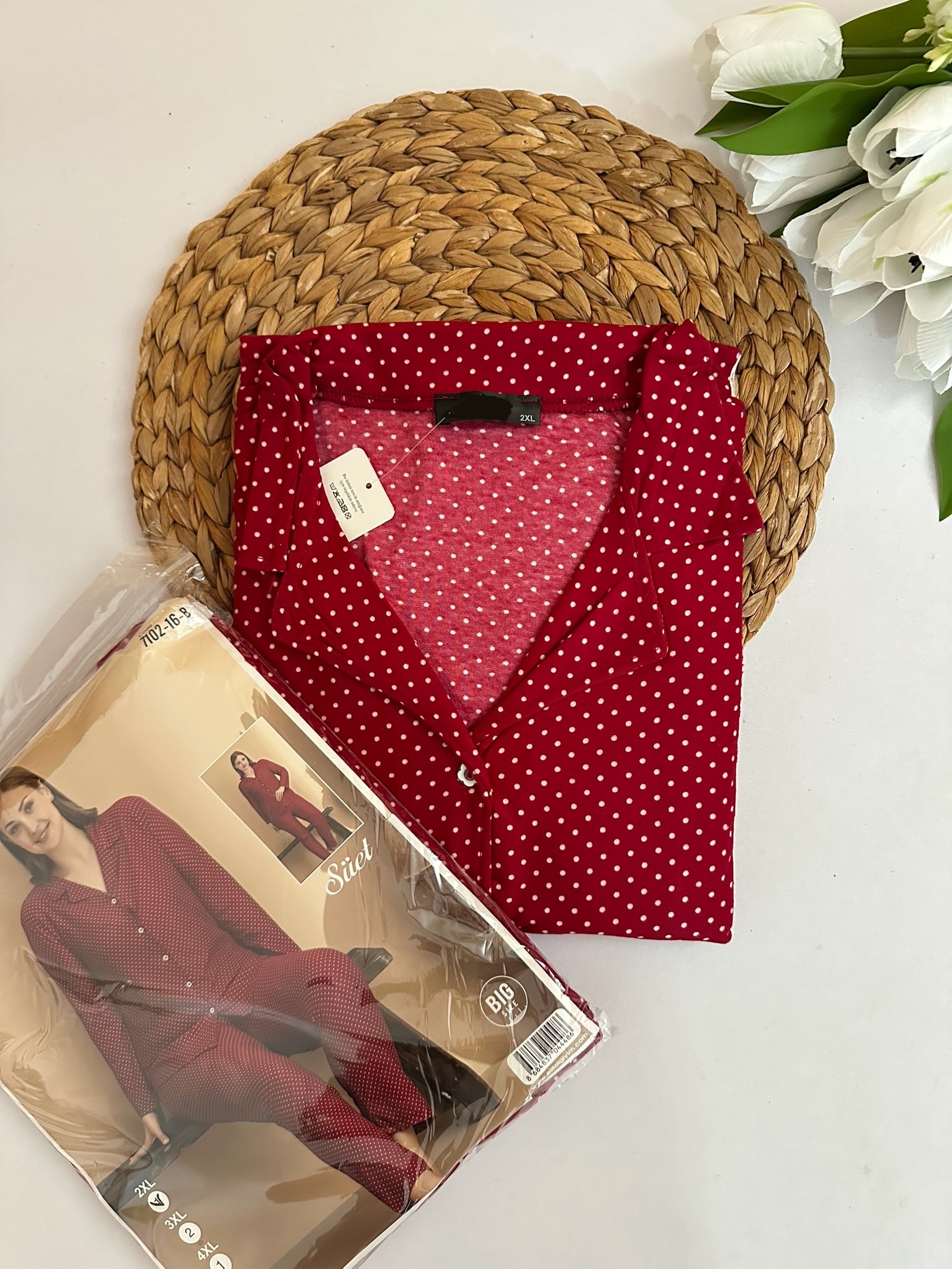 Bordo Puantiye Desenli Süet Battal Boy Kadın Pijama Takımı