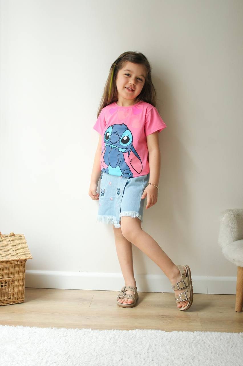 Kız Çocuk Fuşya Stitch Kot Şort Etek Takım