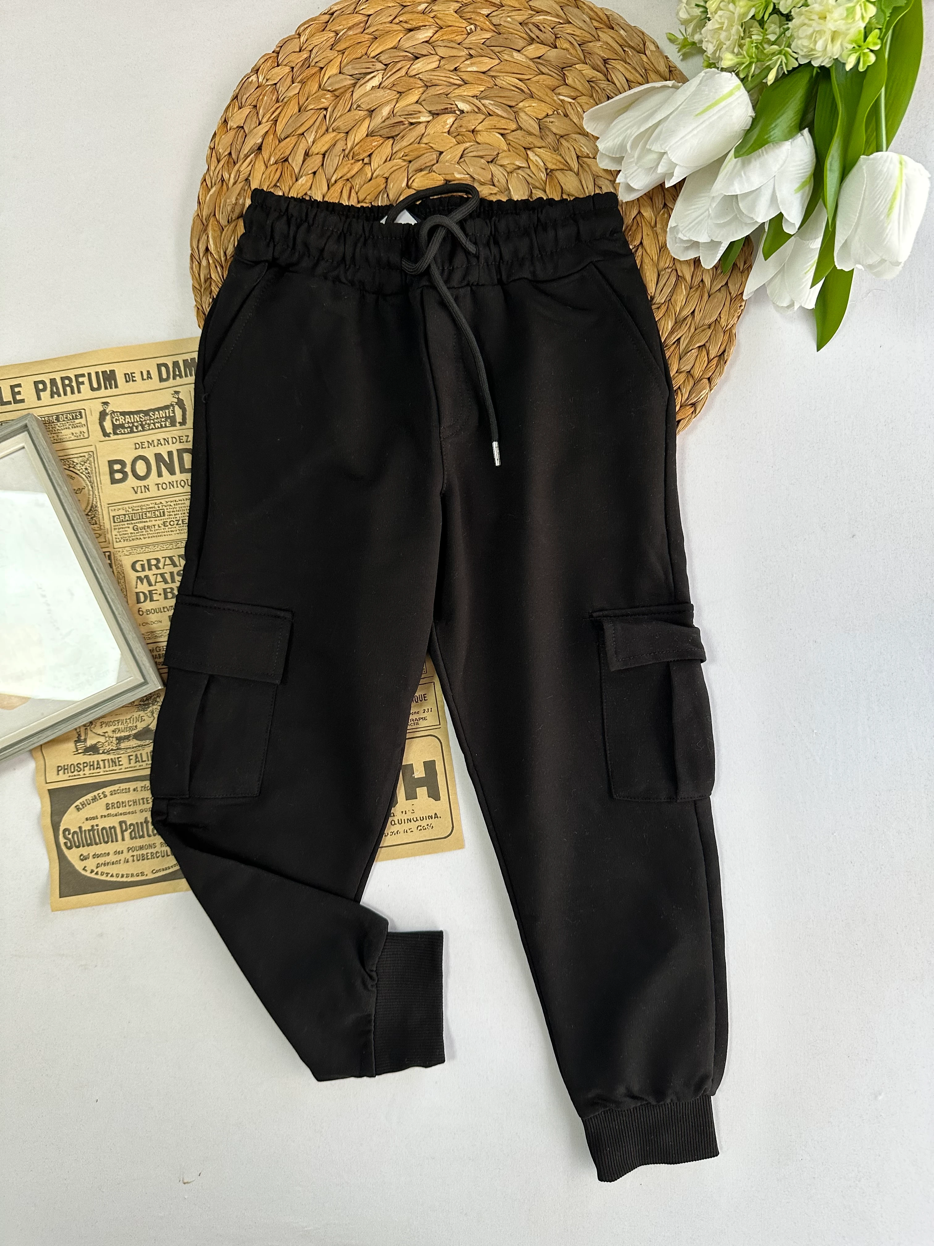 Siyah Renk Çift Kargo Cep Eşofman Altı