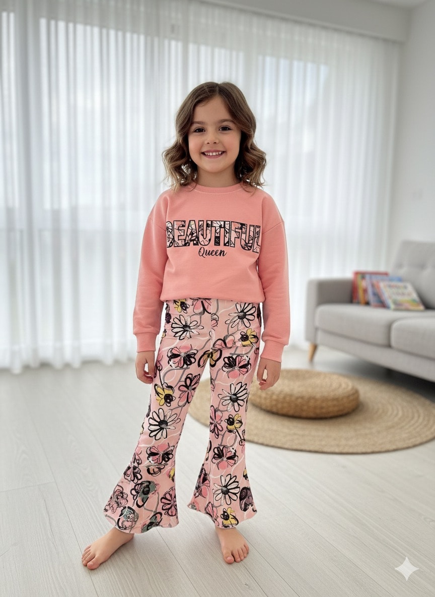 Kız Çocuk Pembe Beautiful Desenli Takım