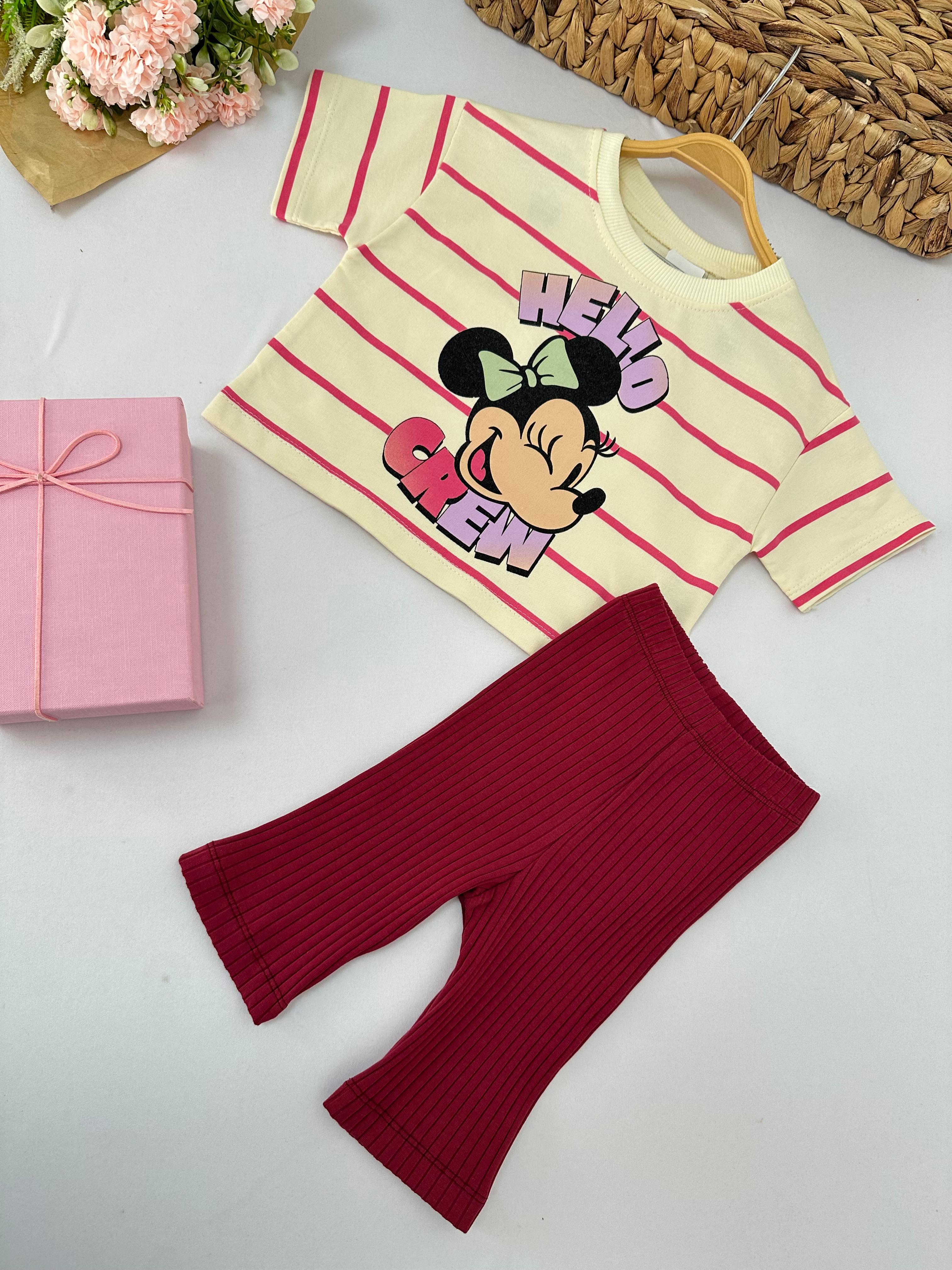 Kız Çocuk Bordo Hello Crew Minnie Şortlu Takım