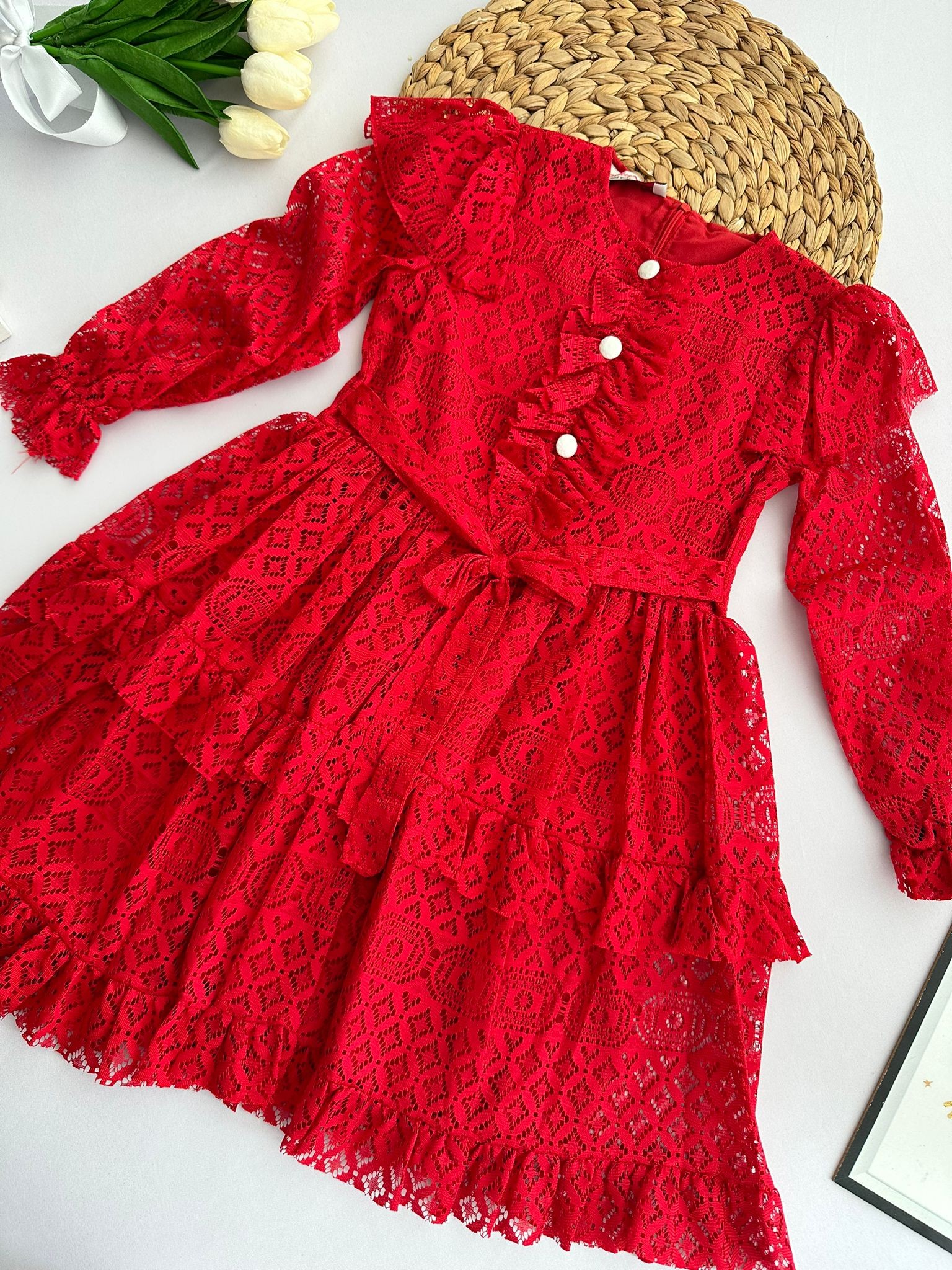 Kız Çocuk Kırmızı Dantelli Elbise