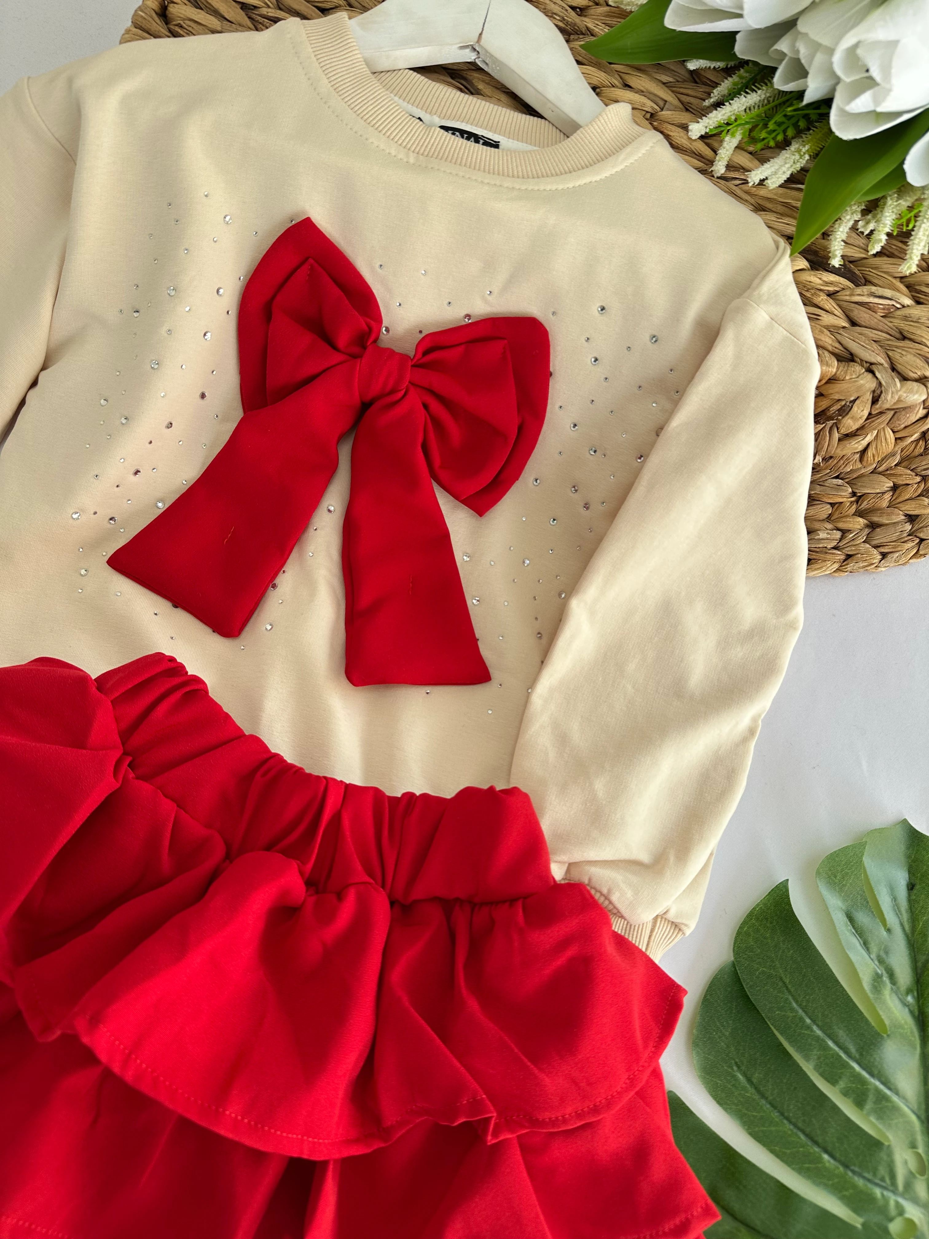 Kız Çocuk Kırmızı Fiyonklu Etekli Takım