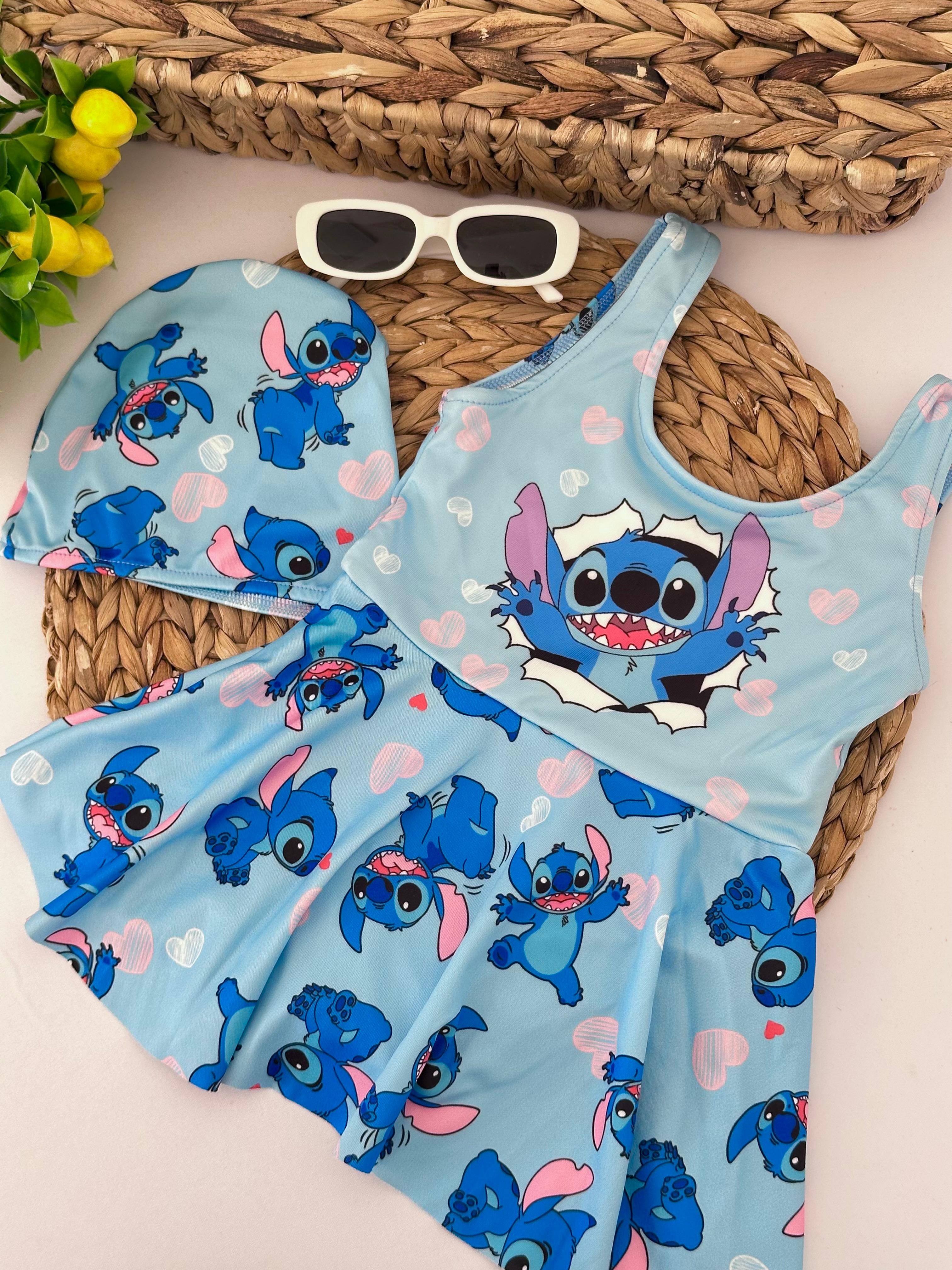 Kız Çocuk Mavi Stitch Boneli Etekli Mayo