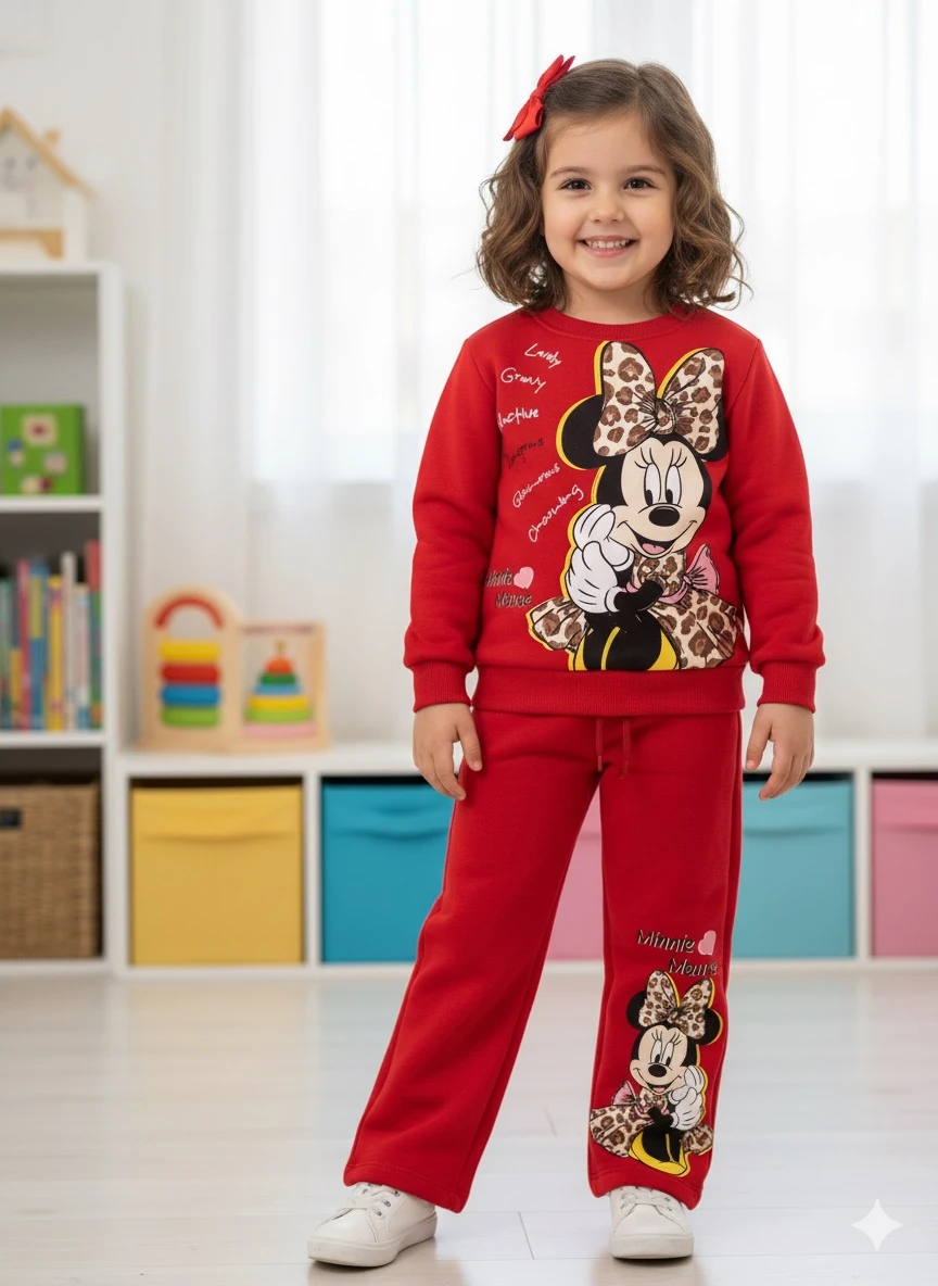 Kız Çocuk Kırmızı Miniie Baskılı Alt-Üst Takım