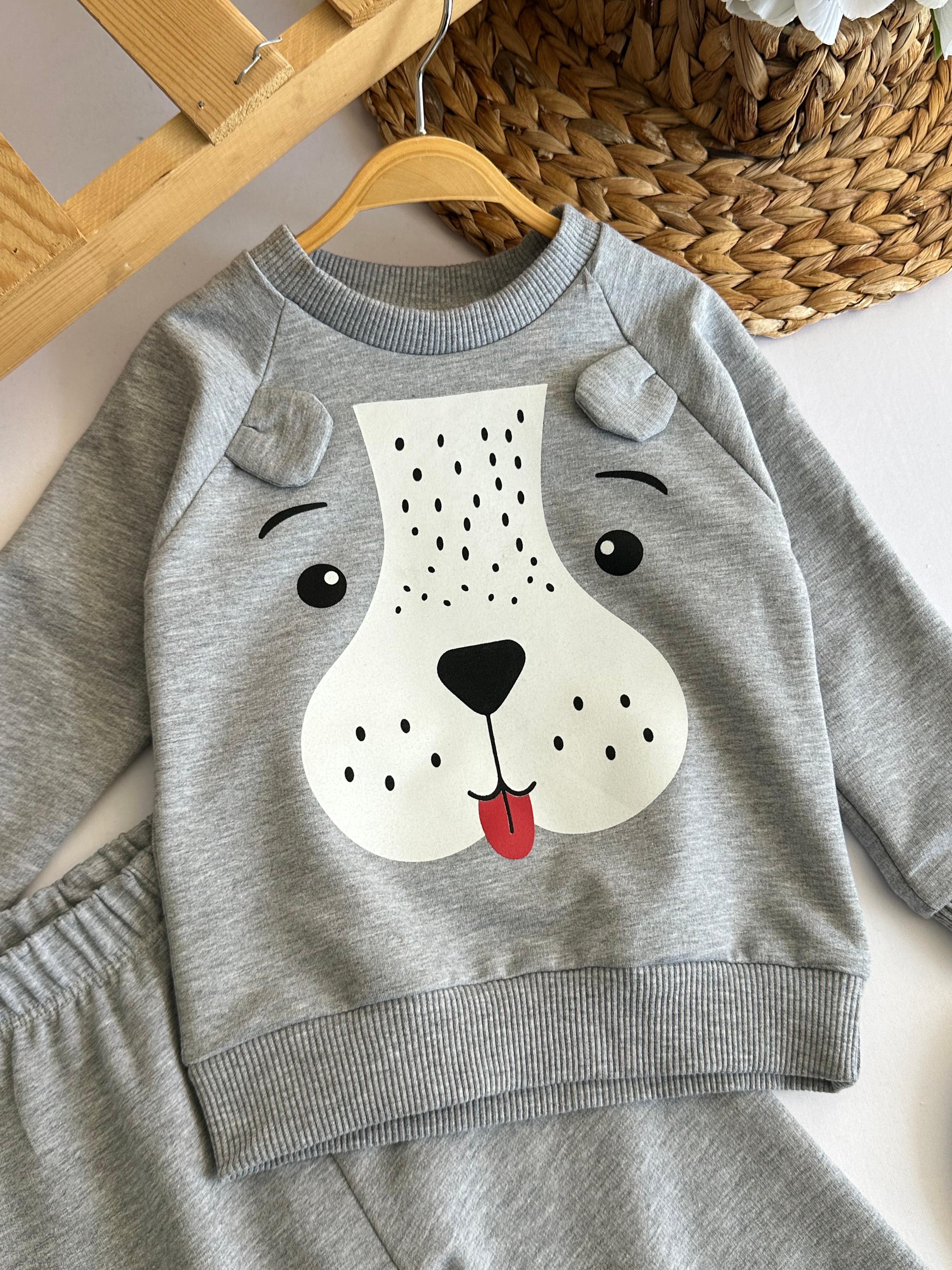 Unisex Gri Köpekcik Baskılı Takım