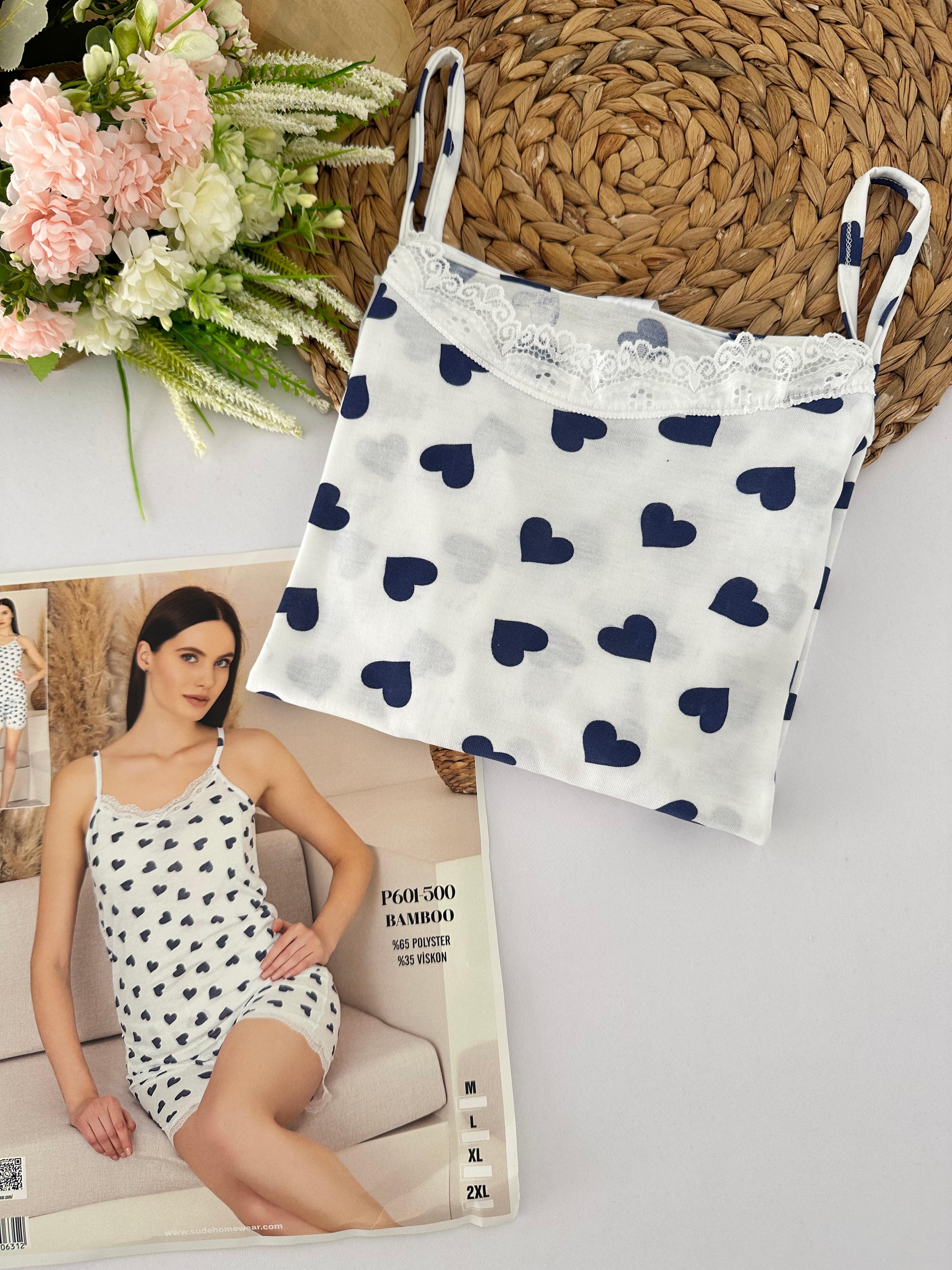 Lacivert Kalp Desenli Dantelli Kadın Pijama Takımı