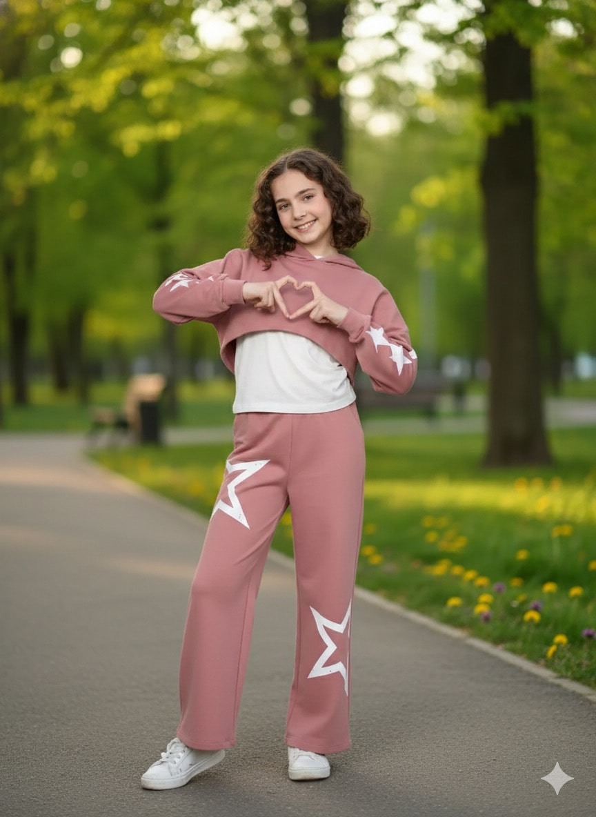 Kız Çocuk Pudra Yıldız Desenli Kapüşonlu 3'lü Takım