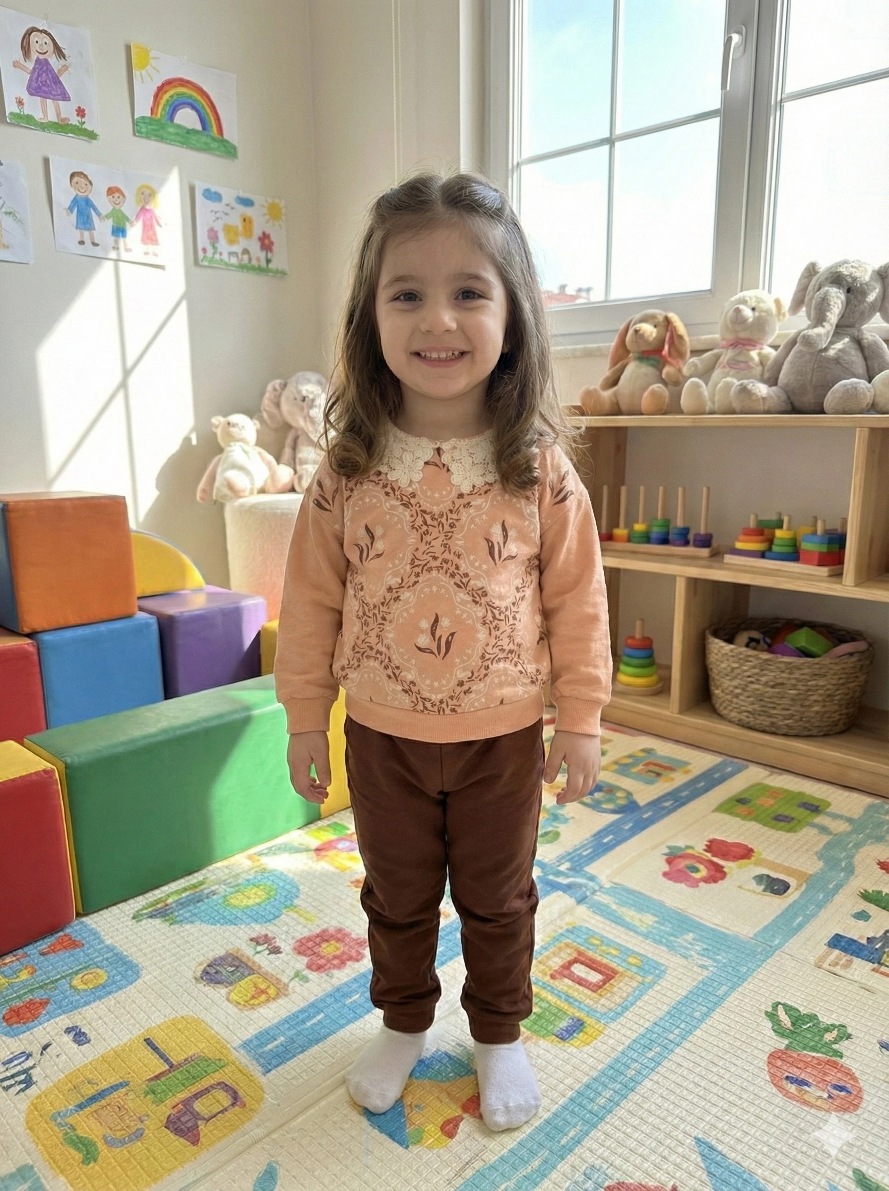 Kız Çocuk Somon  Çiçek Desenli Takım