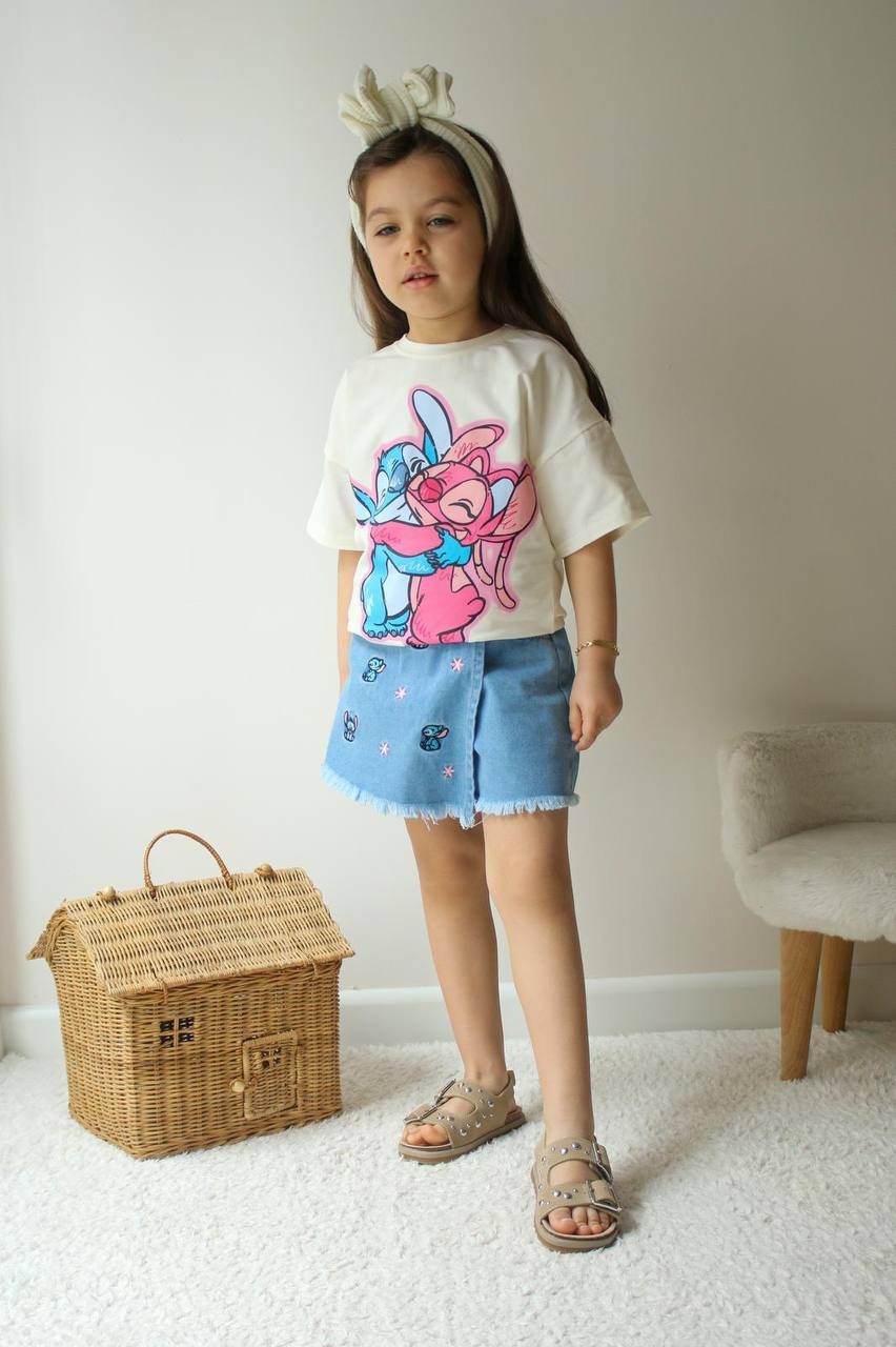 Kız Çocuk Ekru Stitch Kot Şort Etek Takım
