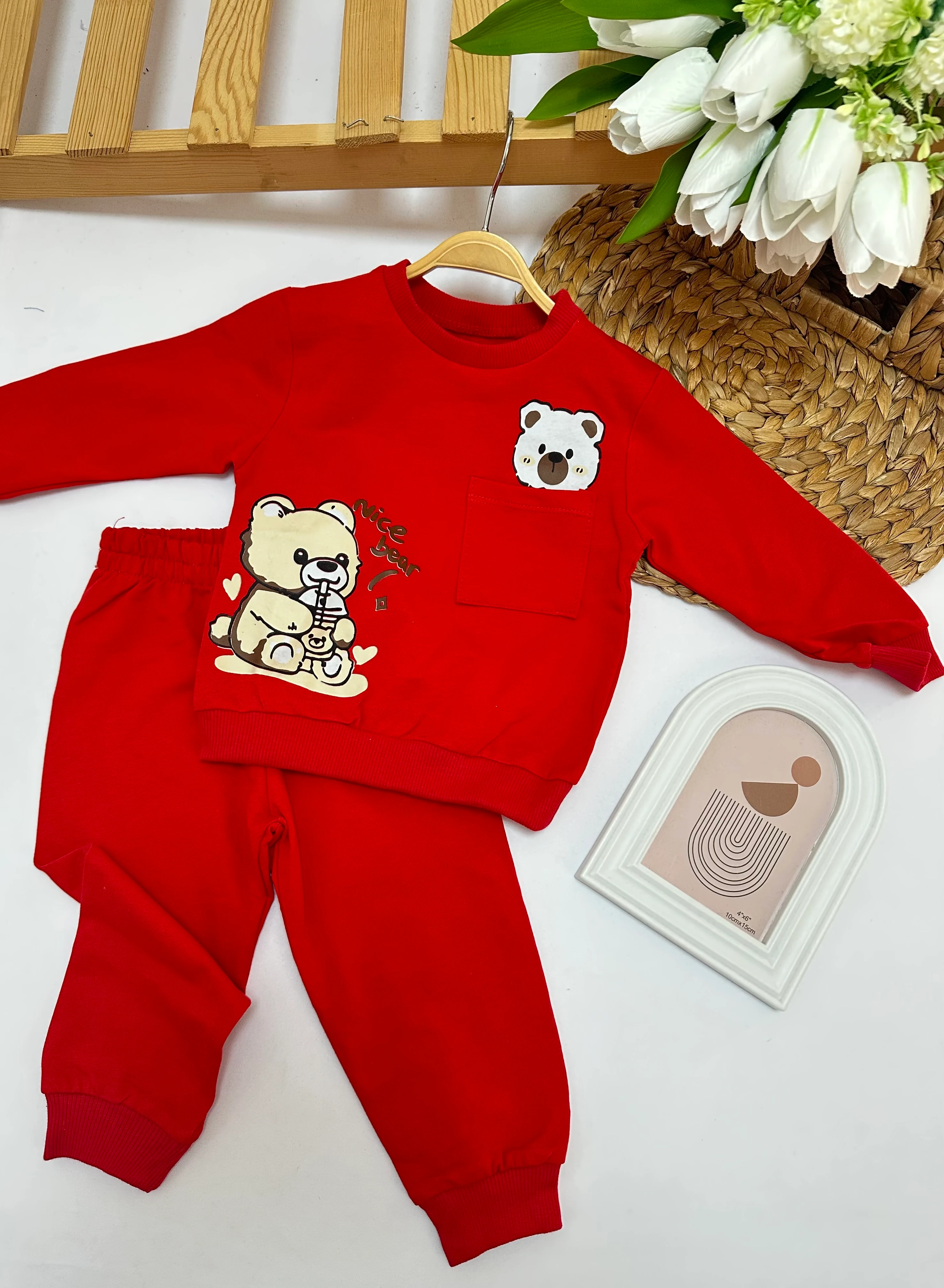 Erkek Çocuk Kırmızı Cepli Ayıcık Takım