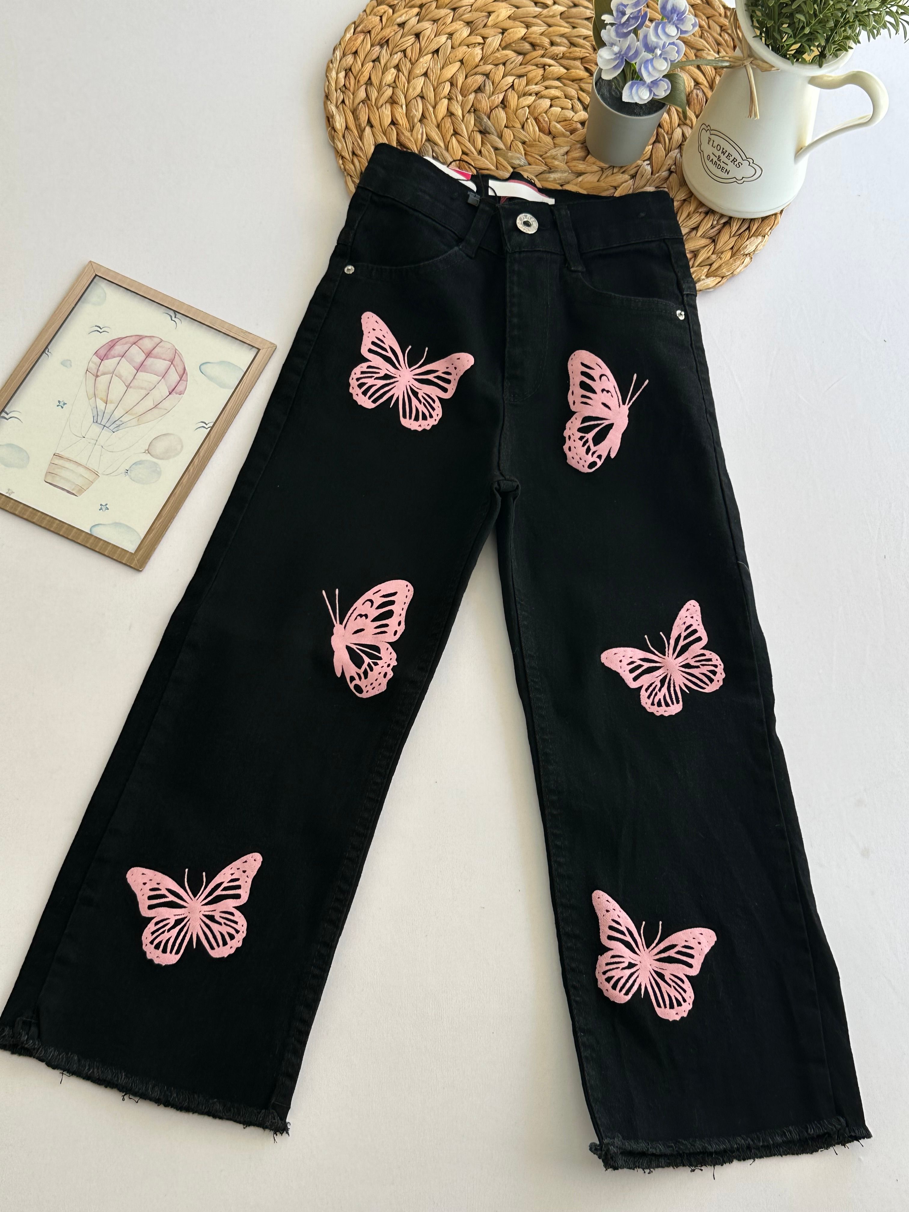 Kız Çocuk Siyah Kelebek Desenli Kot Pantolon 
