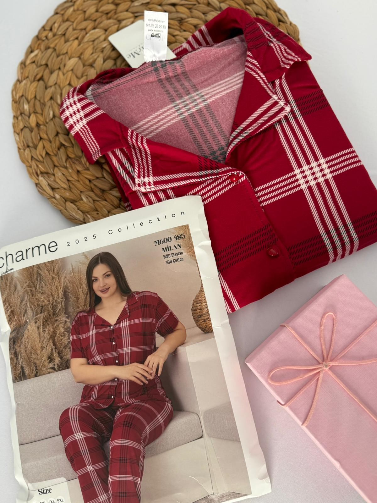 Bordo Kareli Battal Boy Kadın Pijama Takım