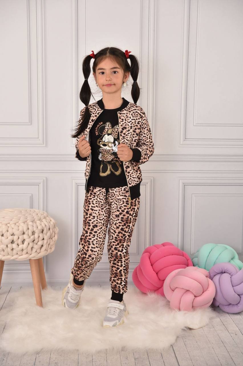 Kız Çocuk Siyah Leopar Desenli Minnie Mouse 3'lü Takım