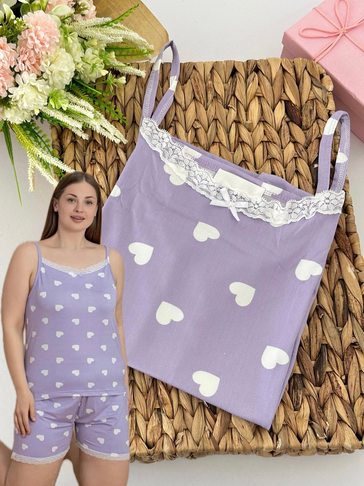 Lila Mor Kalp Desenli Kadın Pijama Takımı