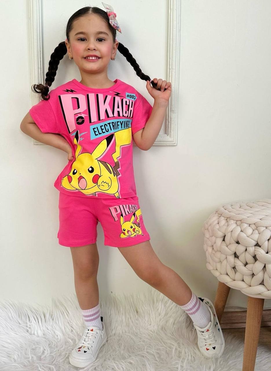 Kız Çocuk Fuşya Pikachu Şortlu Takım