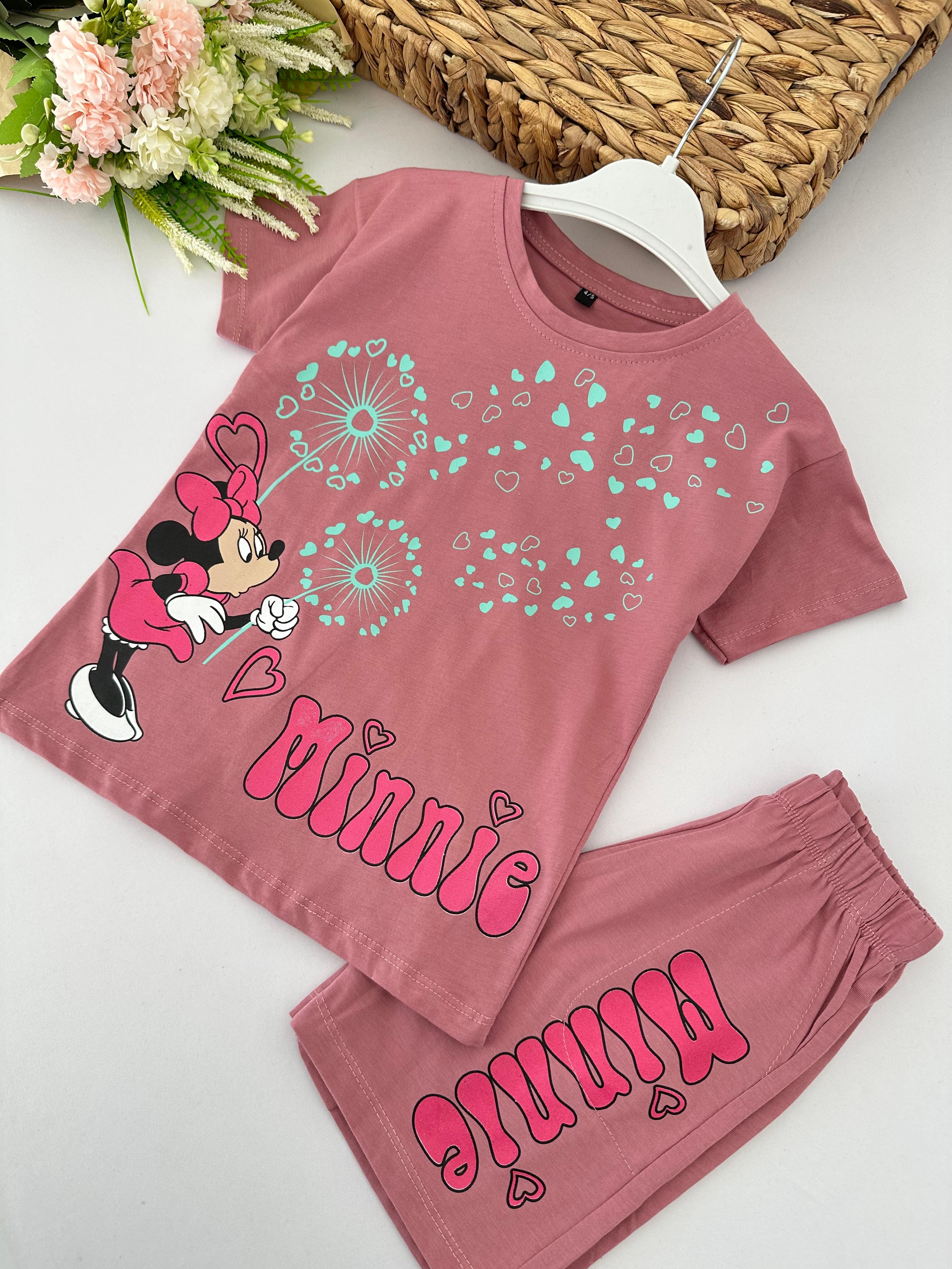 Kız Çocuk Mürdüm Minnie Şortlu Takım