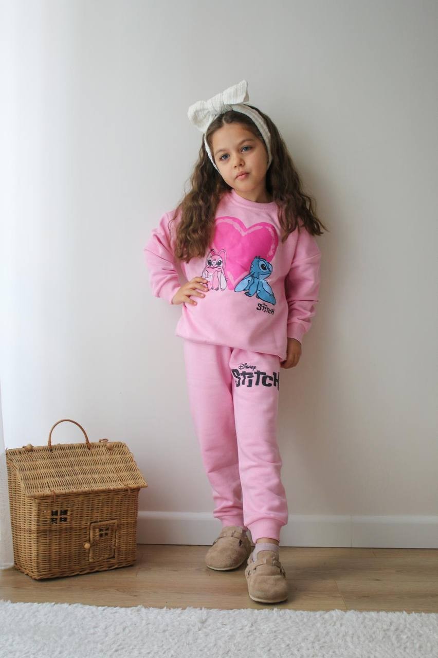 Kız Çocuk Pembe Kalpli Stitch Takım