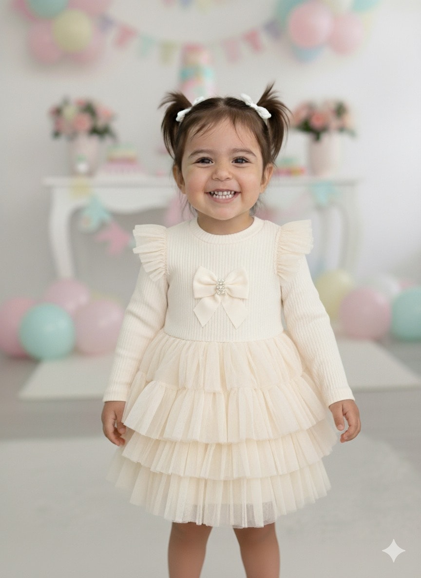 Kız Çocuk Ekru Önü Fırfırlı Şort Etekli Takım