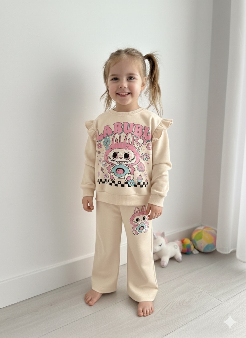 Kız Çocuk Ekru  Labubu Baskılı 2’li Takım