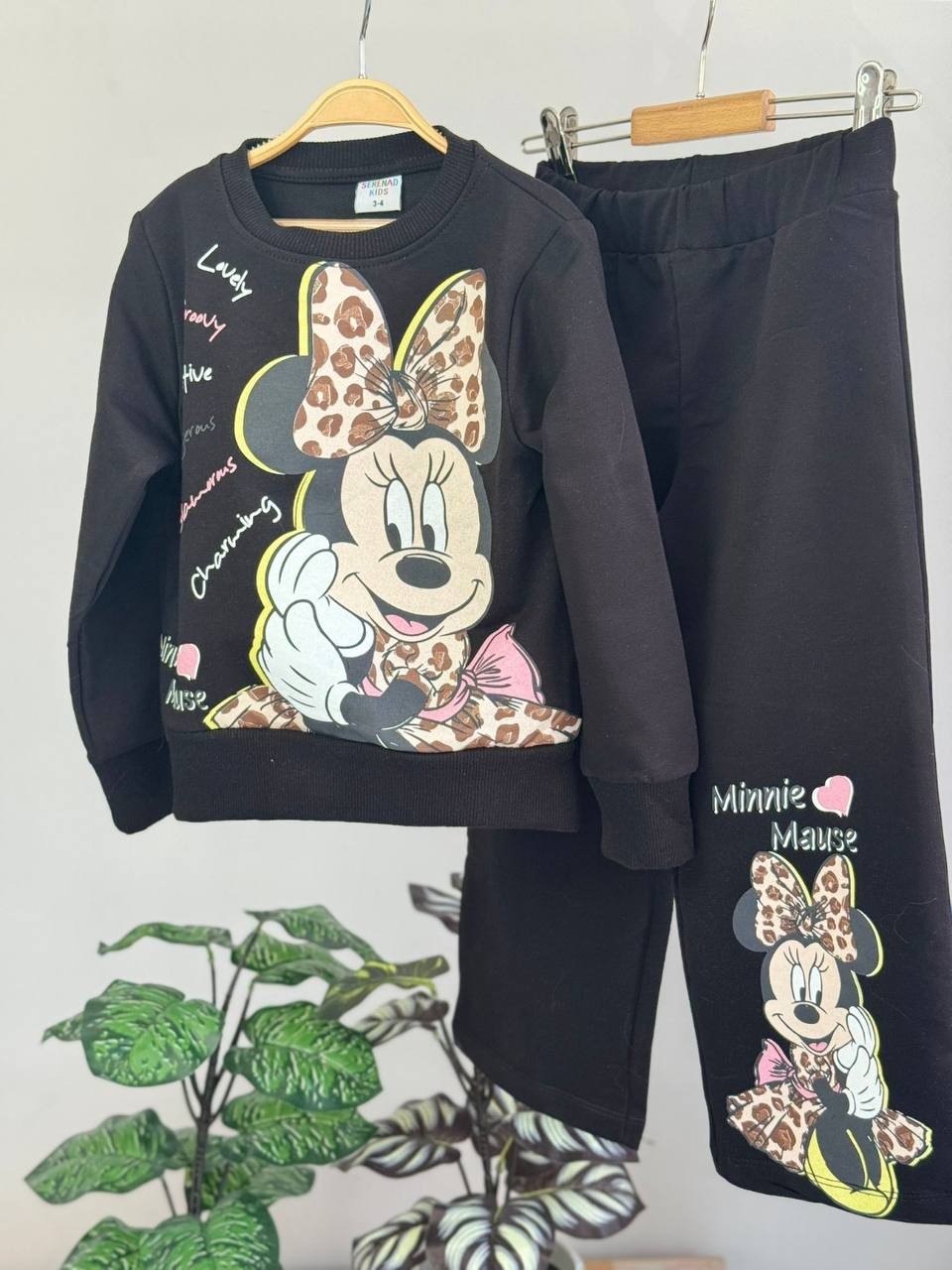 Kız Çocuk Siyah Minnie Leoparlı Bol Paça 2'li Takım