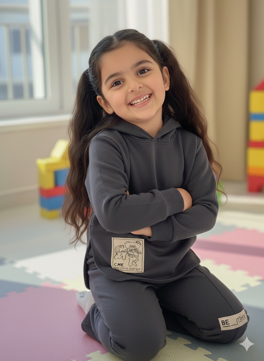 Kız Çocuk Antrasit Ayıcık Desenli Takım