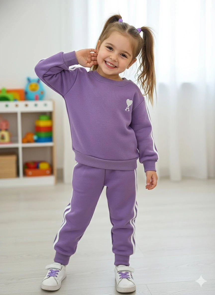 Kız Çocuk Mor Kalp Nakışlı Alt-Üst Takım