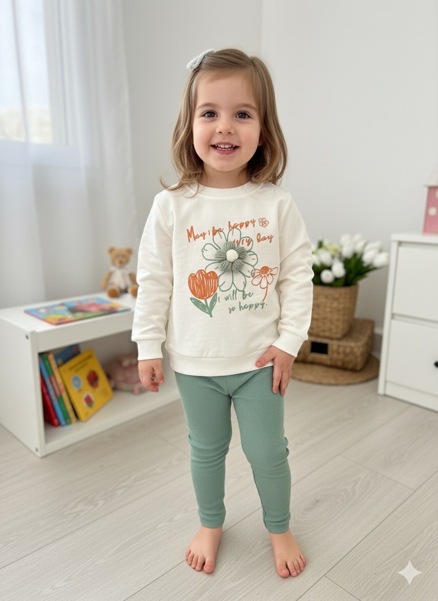 Kız Çocuk Yeşil Çiçek Nakışlı 2'li Takım
