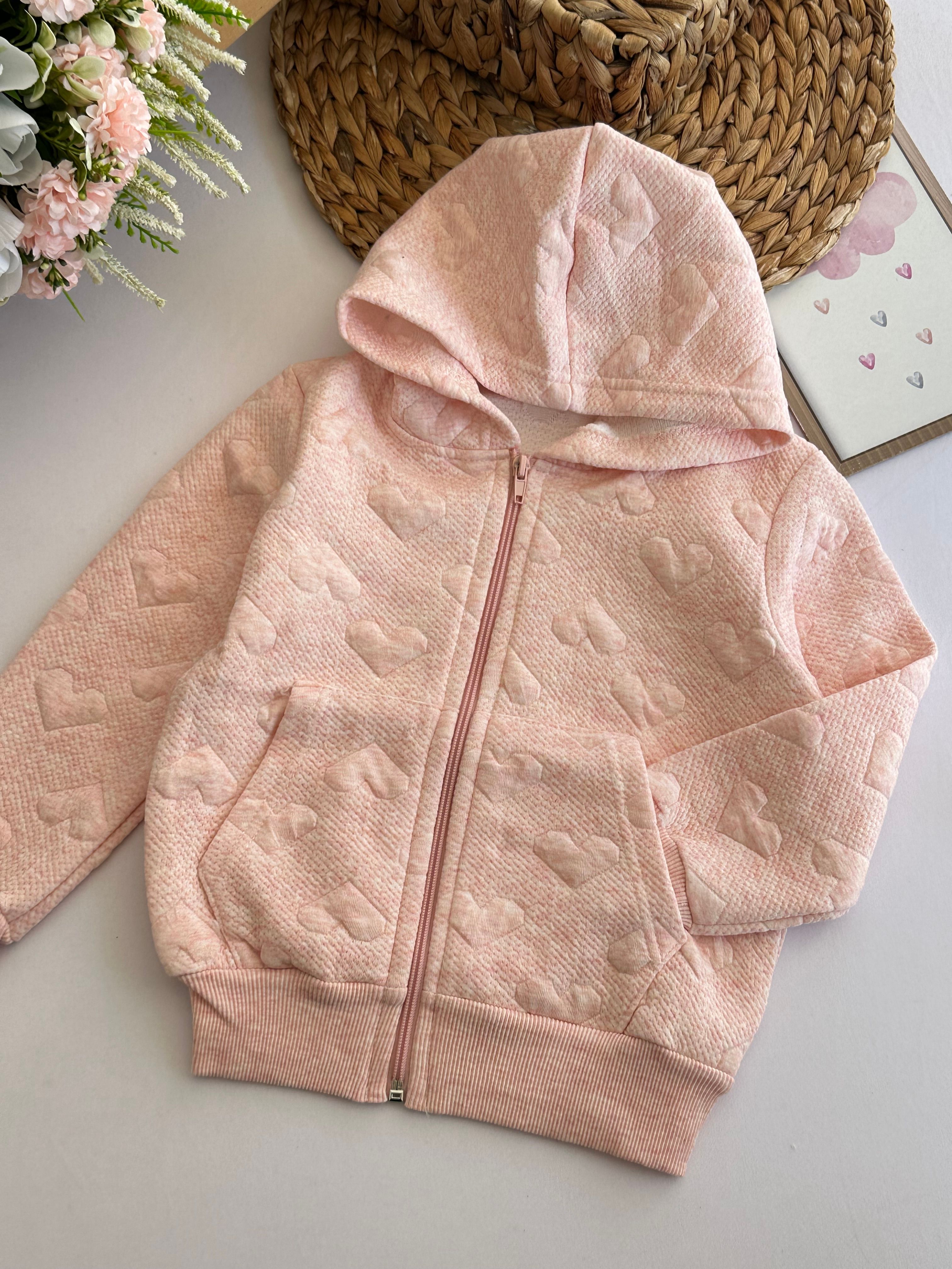 Kız Çocuk Pembe Kapüşonlu Kalp Desenli Hırka