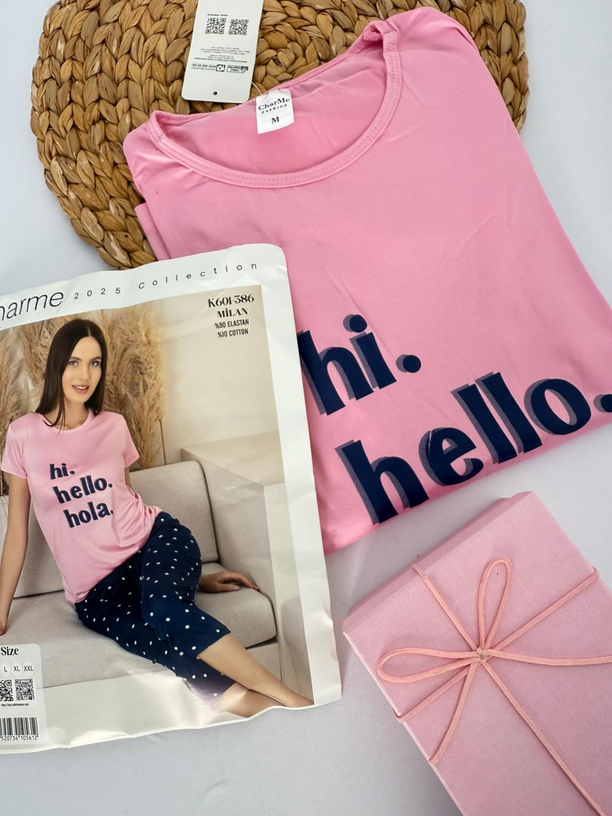 Pembe Hi Hello Kaprili Kadın Pijama Takımı