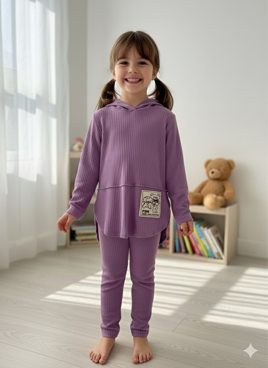 Kız Çocuk Mor Fitilli Ayıcık Desenli Takım