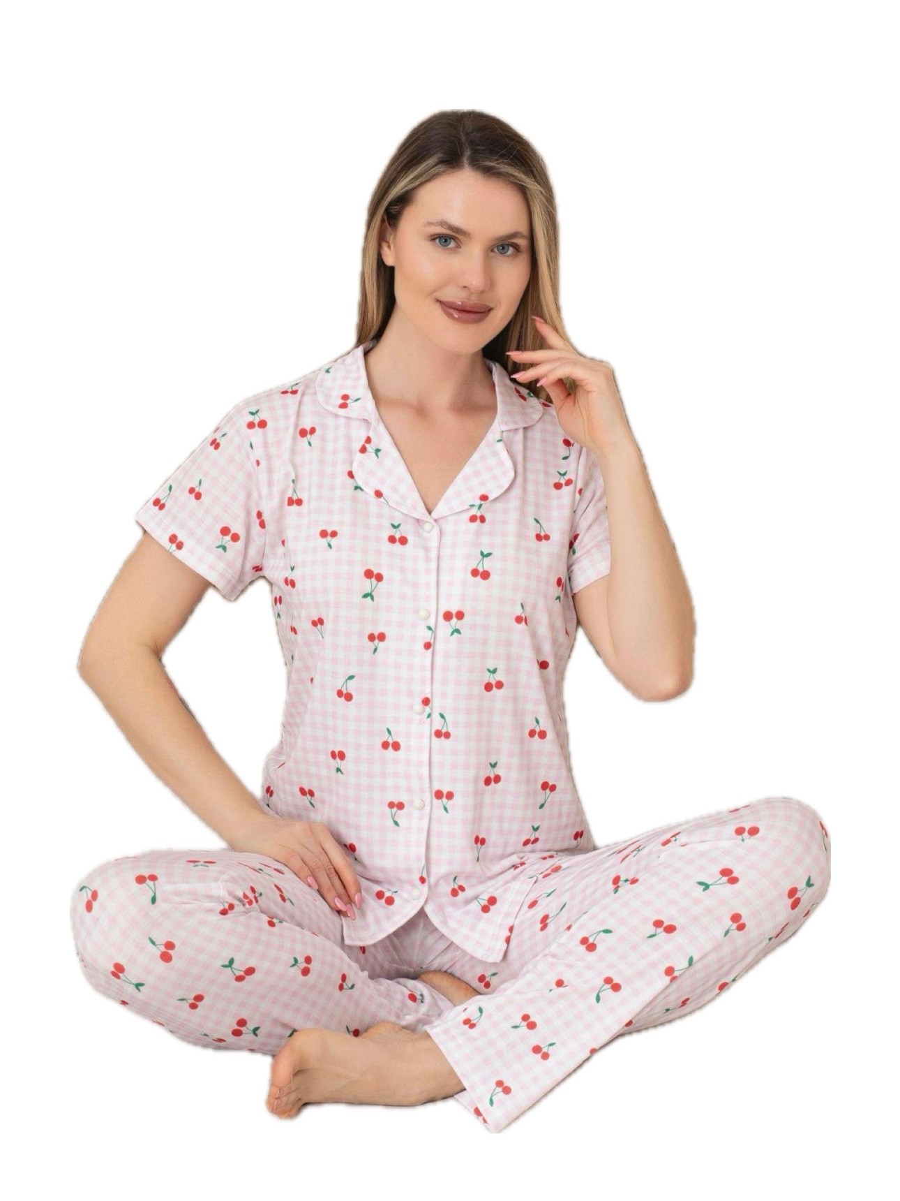 Kiraz Desenli Pötikareli Kadın Pijama Takımı