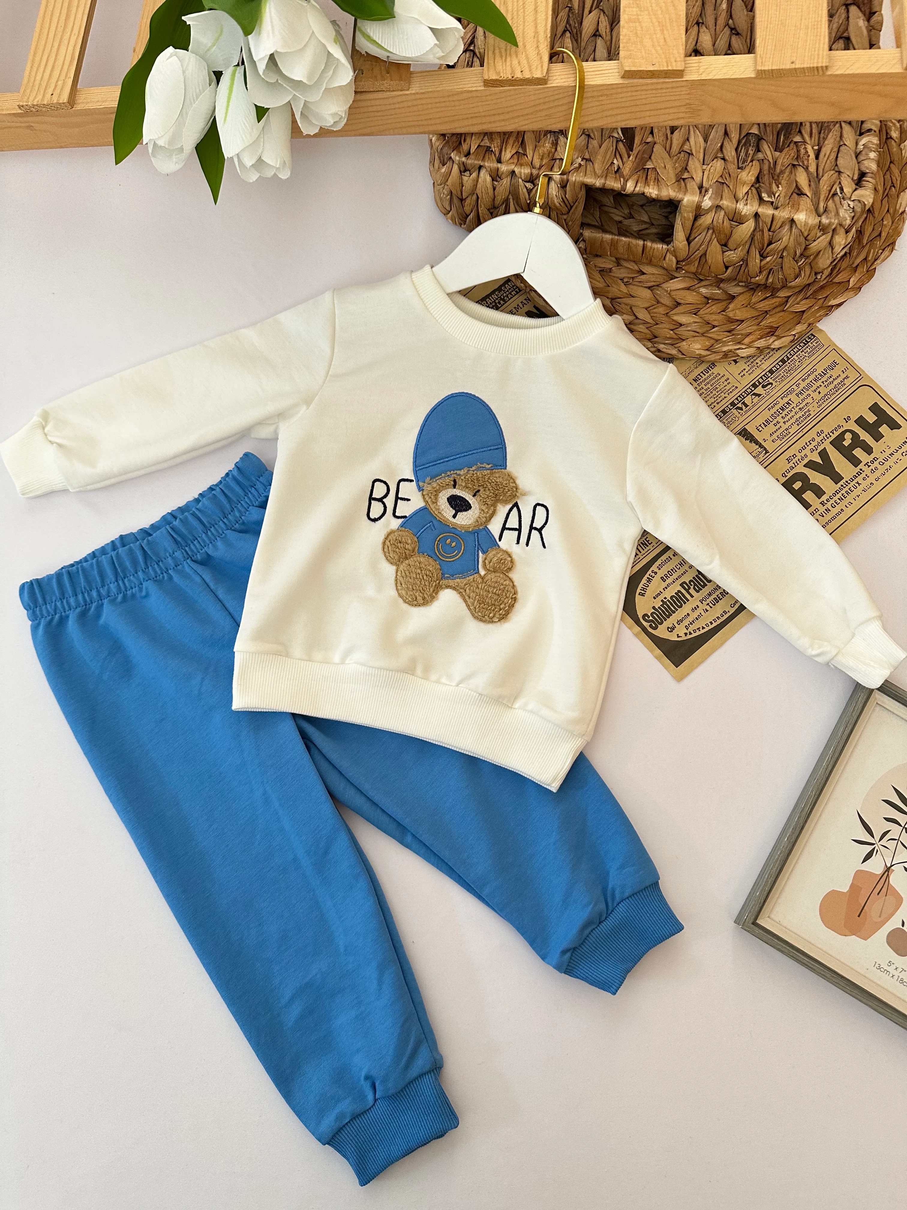 Unisex  Mavi Şapkalı Ayıcık Takım