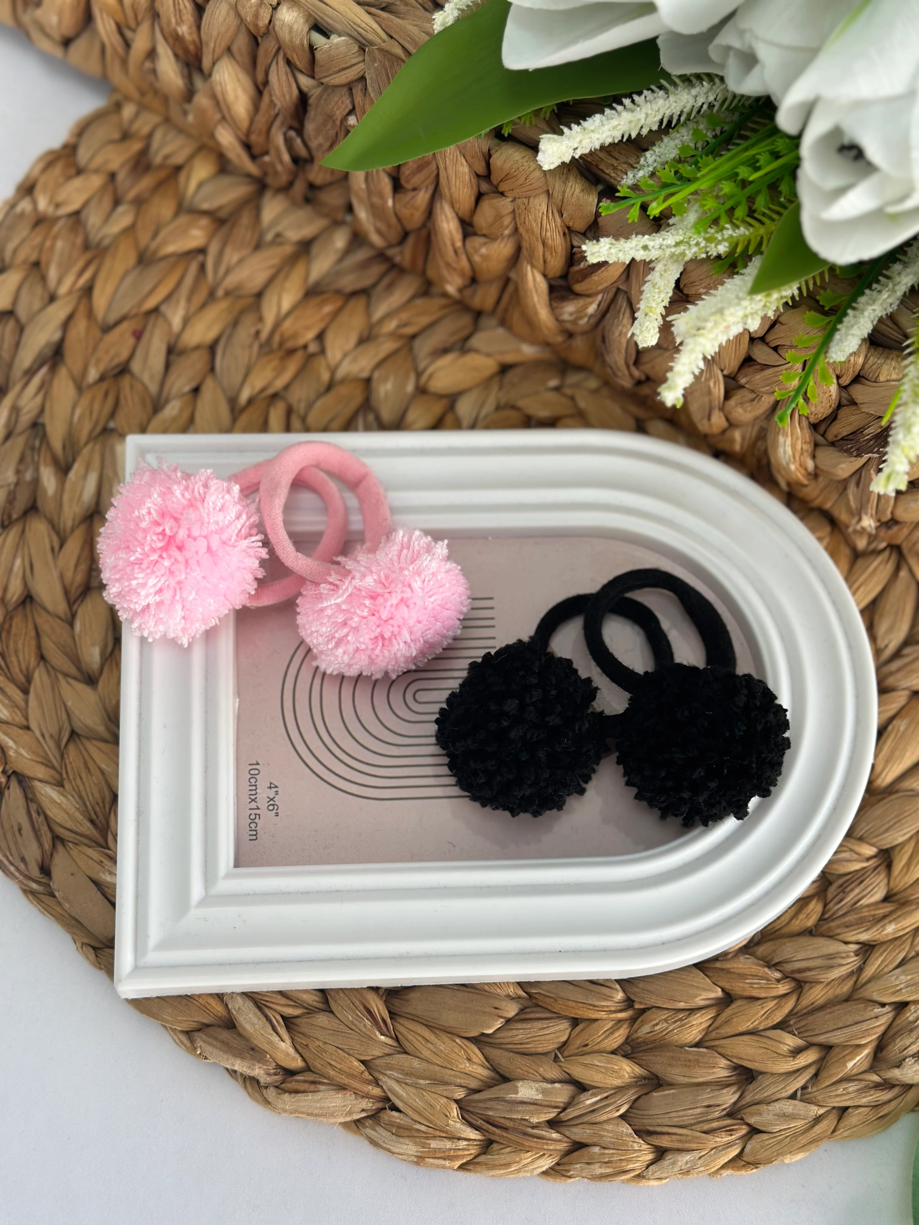 Kız Çocuk Ponpon Pembe Siyah  Toka