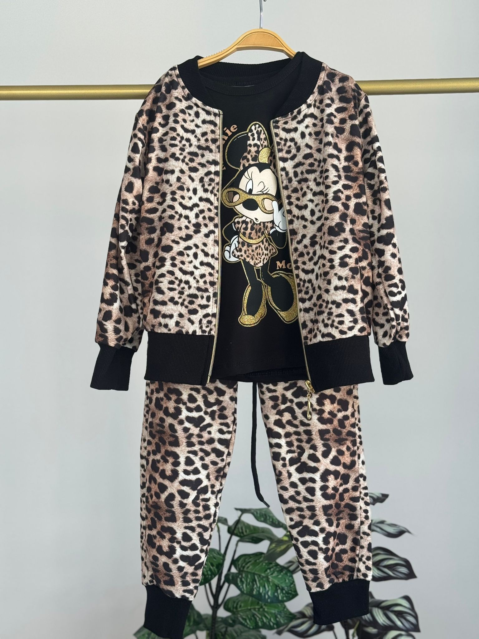Kız Çocuk Siyah Leopar Desenli Minnie Mouse 3'lü Takım