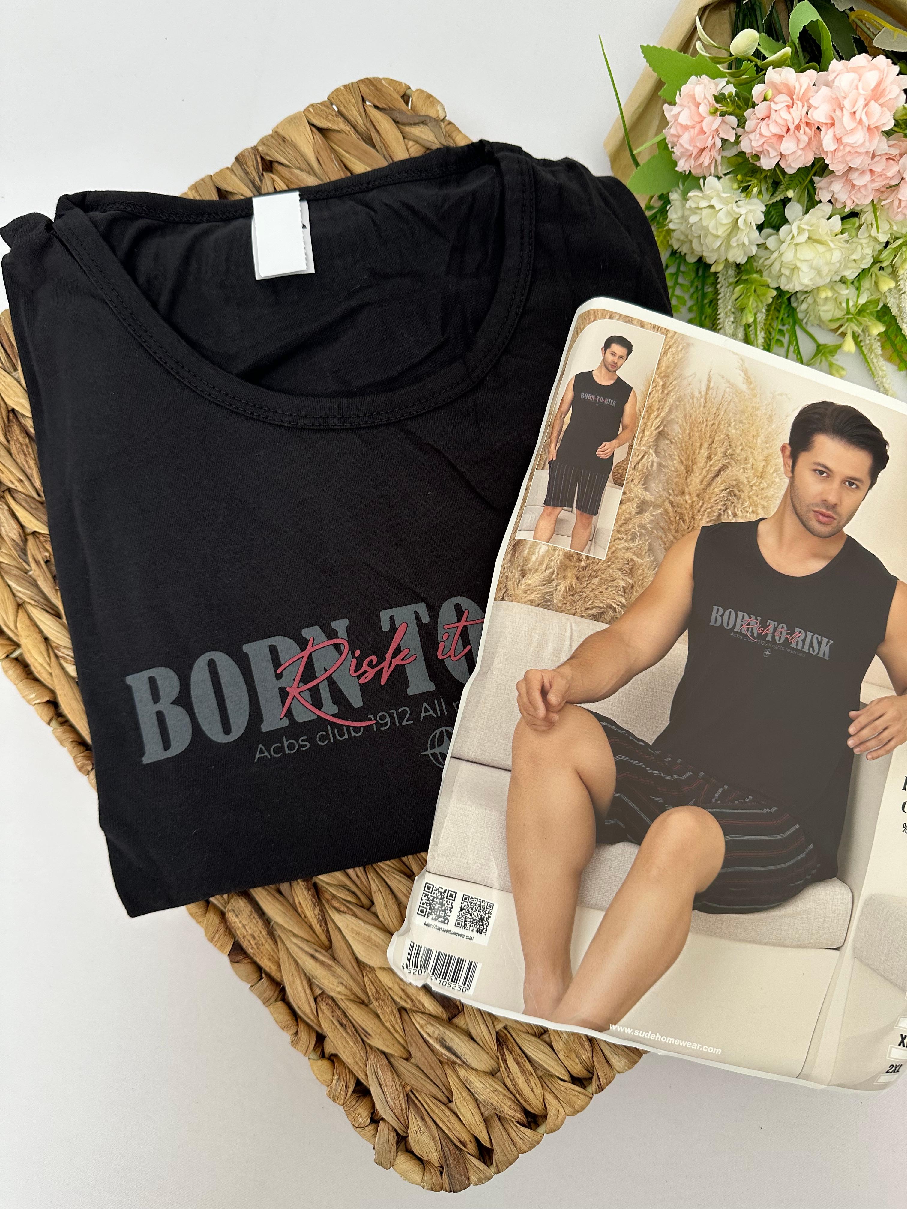 Siyah Born To Risk Yazılı Şortlu Erkek Pijama Takımı