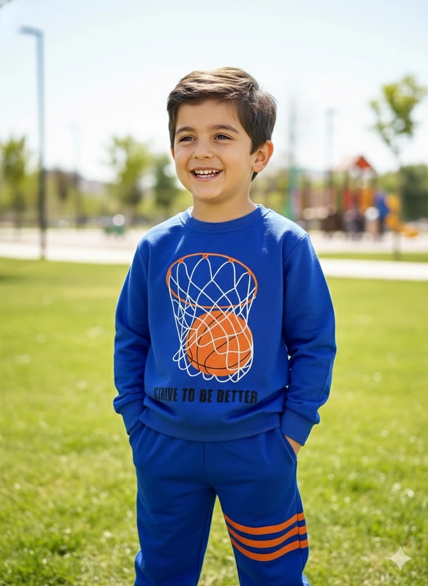 Erkek Çocuk Saks Mavi Basket Baskılı Takım