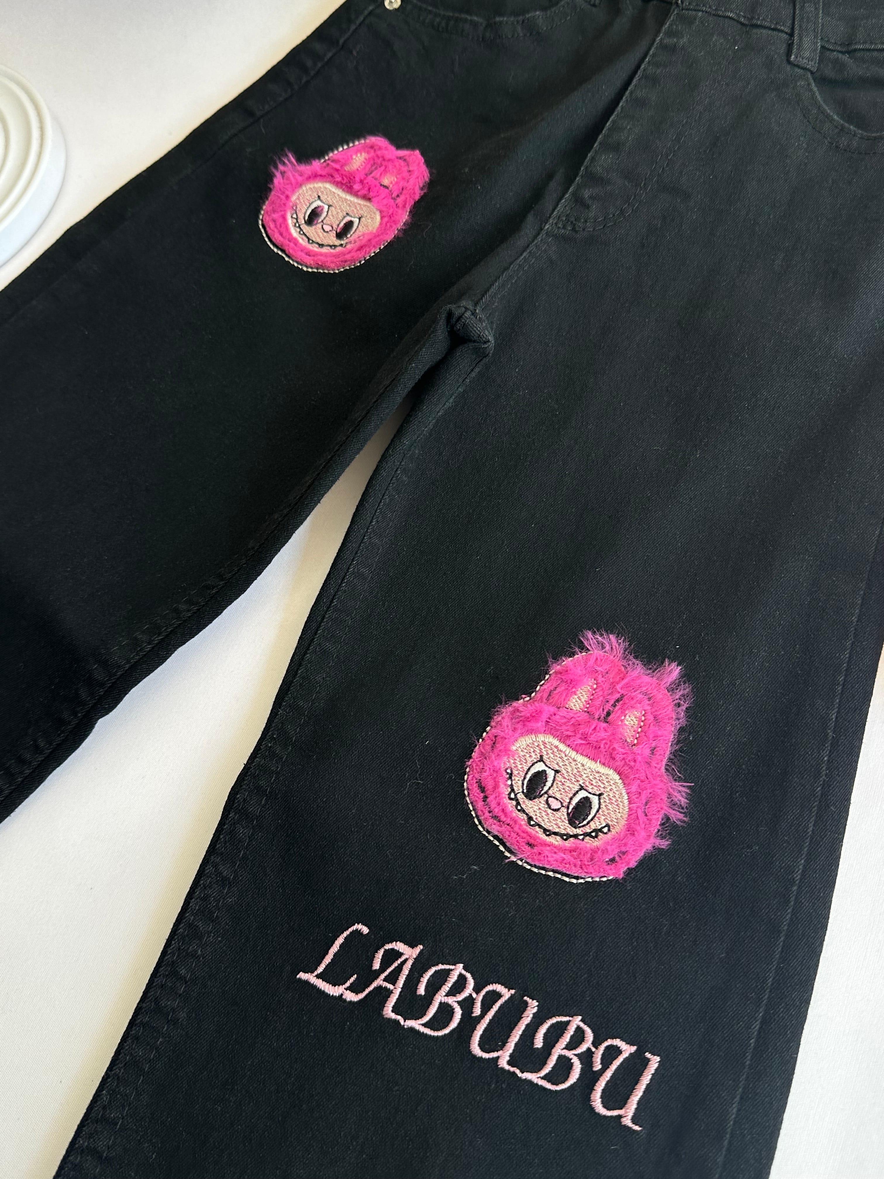 Kız Çocuk Siyah Labubu Kot Pantolon