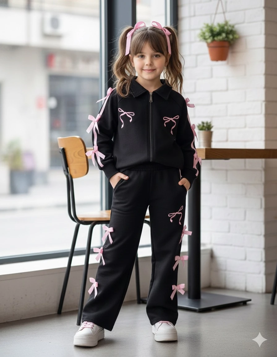 Kız Çocuk Siyah Pembe Fiyonklu Takım