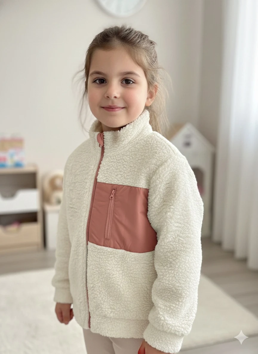 Kız Çocuk Beyaz Kahve Cepli Peluş Hırka