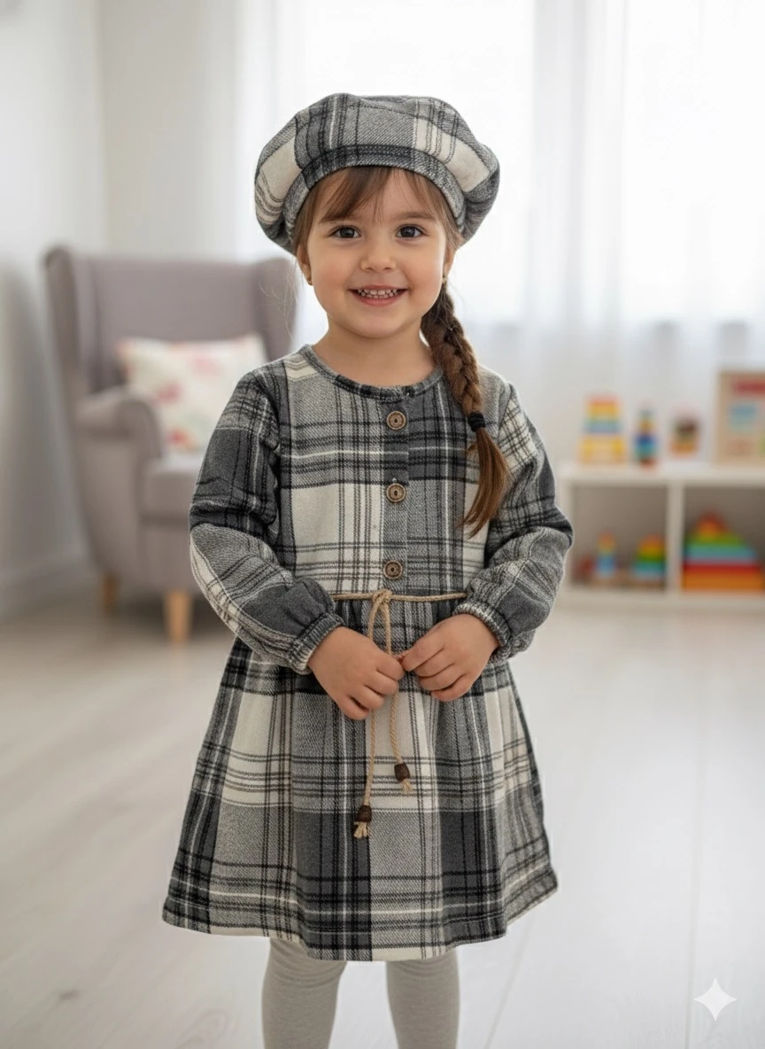 Kız Çoçuk Gri Ekose Desenli Şapkalı Elbise
