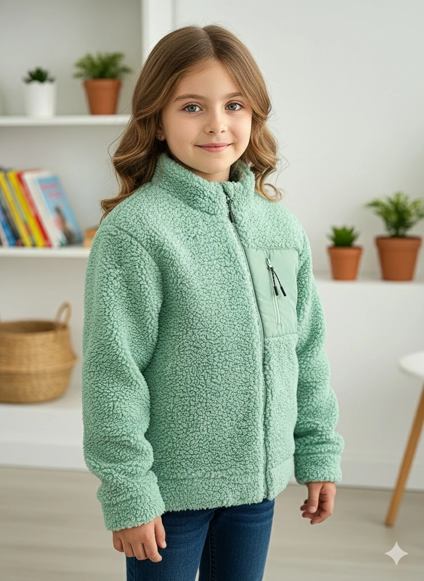 Kız Çocuk Yeşil Cepli Peluş Hırka