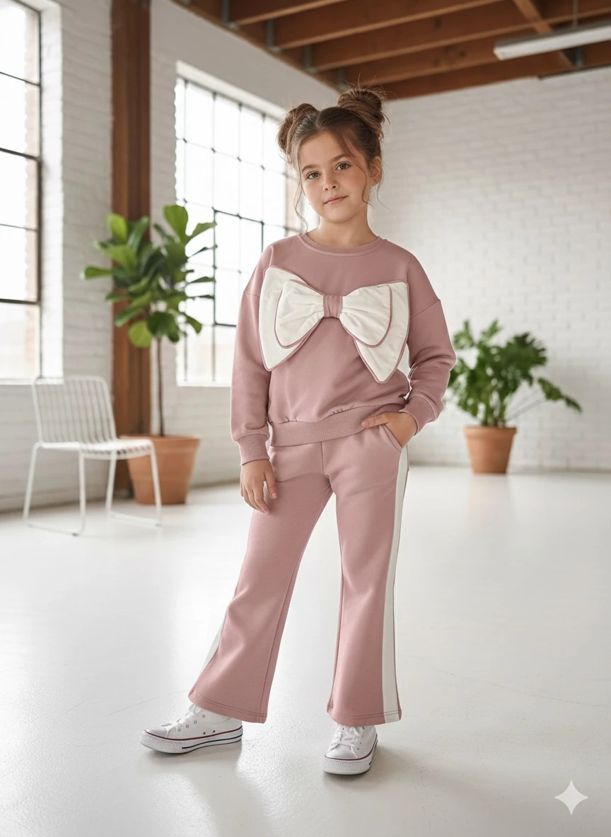 Kız Çocuk Gül Kurusu Büyük Fiyonklu Takım 